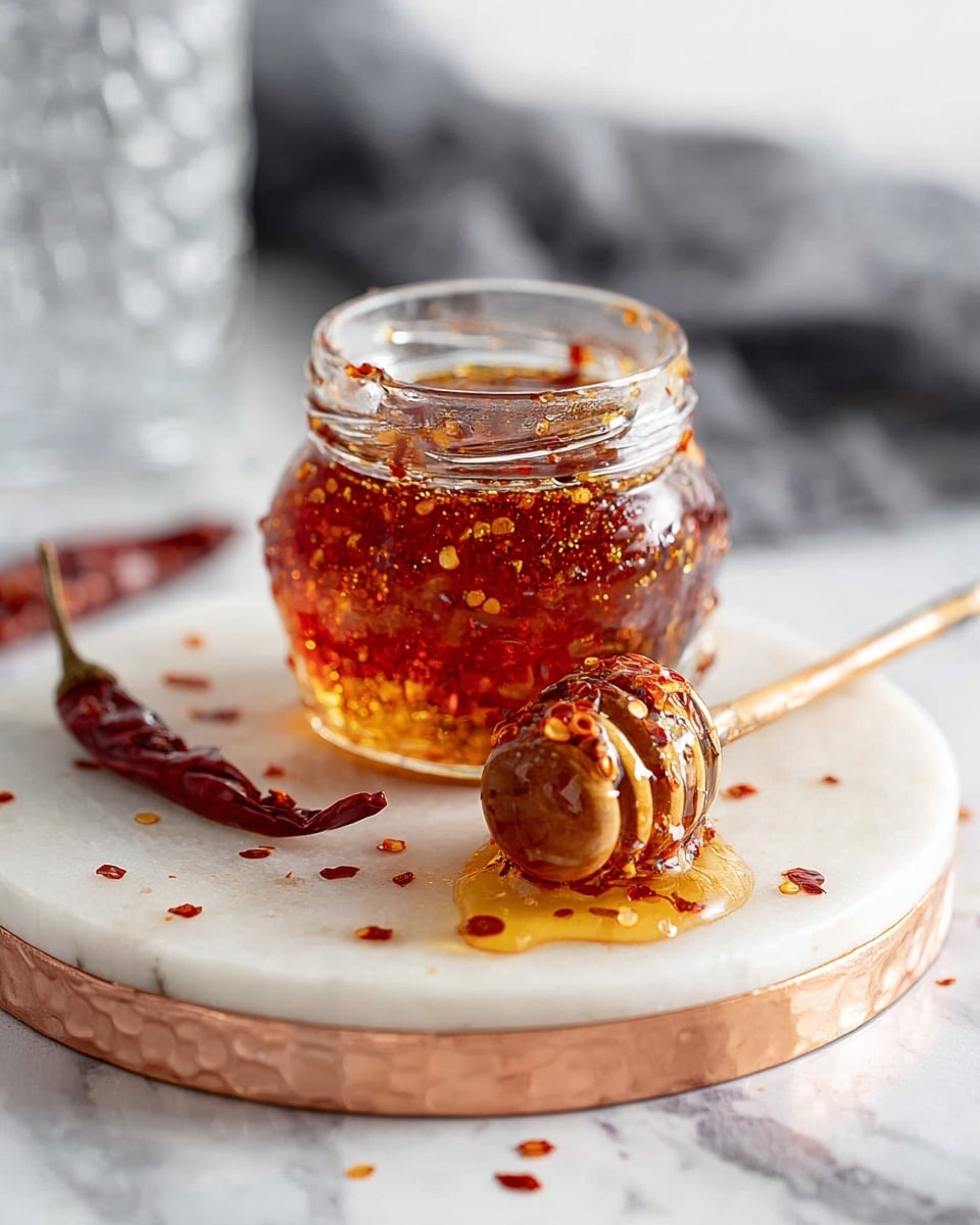 A clear glass jar filled with thick, amber-colored chili oil mixed with red chili flakes sits on a round white marbled tray with a copper edge. In front of the jar, a metal honey dipper is covered in glossy chili oil and chili flakes, resting on the tray with a small puddle of oil spreading out beneath it. To the left on the tray, there is one dried red chili pepper, and bits of chili flakes are scattered around the surface. The background shows a blurred gray cloth and a transparent glass, both sitting on a white marbled texture surface. photo taken with an iphone --ar 4:5 --v 7