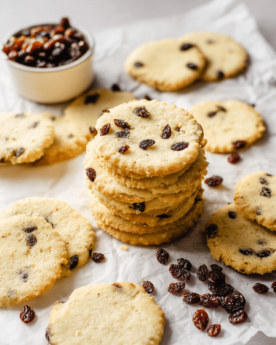 A stack of thin, round raisin cookies is placed in the center on a piece of white parchment paper. The cookies are light golden yellow with scattered dark raisins embedded throughout. Around the stack, more cookies lie flat, showing their slightly rough texture and bit irregular edges. A small white bowl filled with raisins sits to the side, and more raisins are scattered near the bottom right on a white marbled surface. The image has soft natural light highlighting the cookies' crumbly texture. photo taken with an iphone --ar 4:5 --v 7