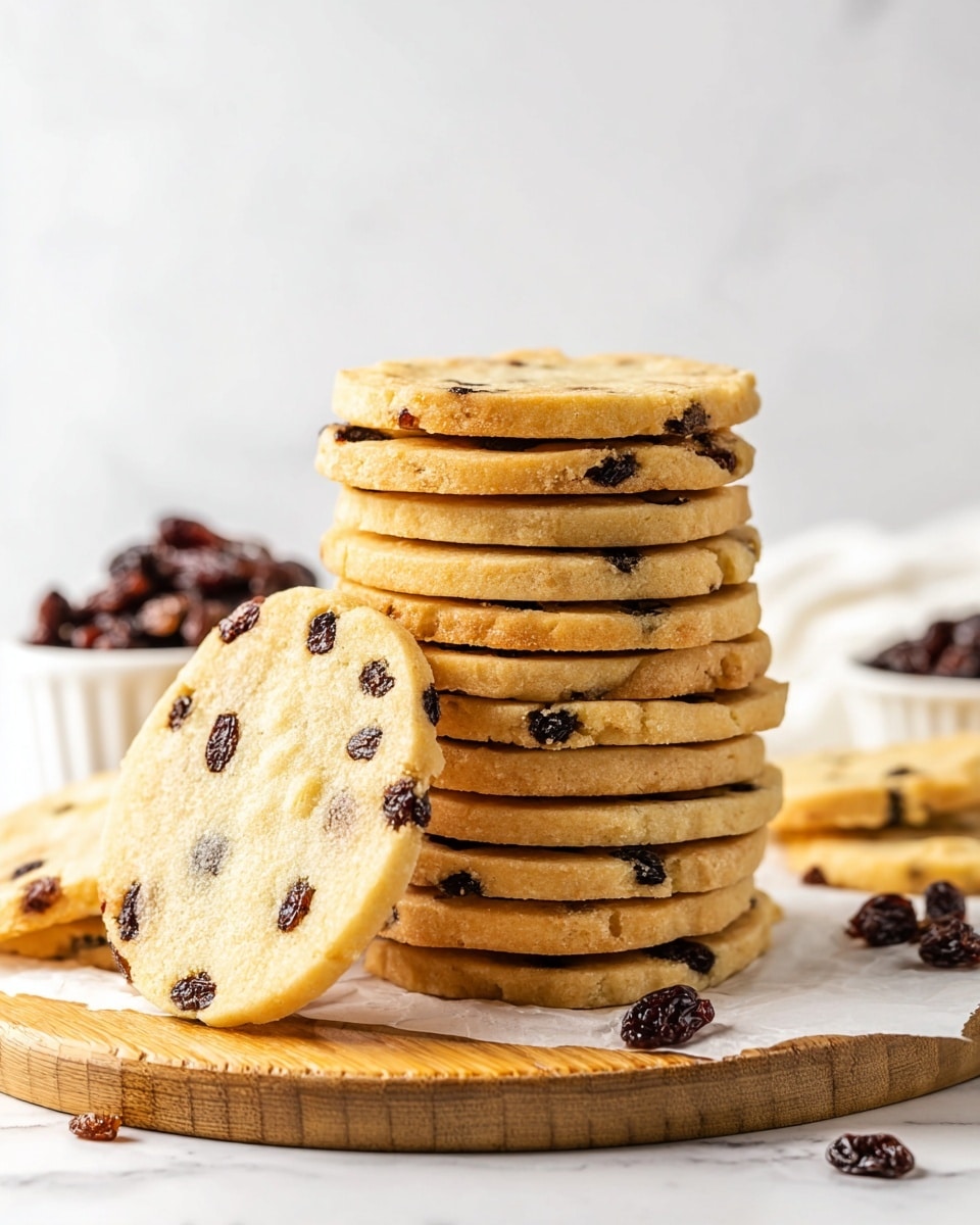 A tall stack of thin, flat, light golden cookies with visible dark raisins scattered throughout each one is placed on white parchment paper on a round wooden board. One cookie leans against the stack in the front, showing its smooth texture and uneven edges. In the background, there are two small white dishes filled with dark raisins. The scene is set on a white marbled surface. photo taken with an iphone --ar 4:5 --v 7