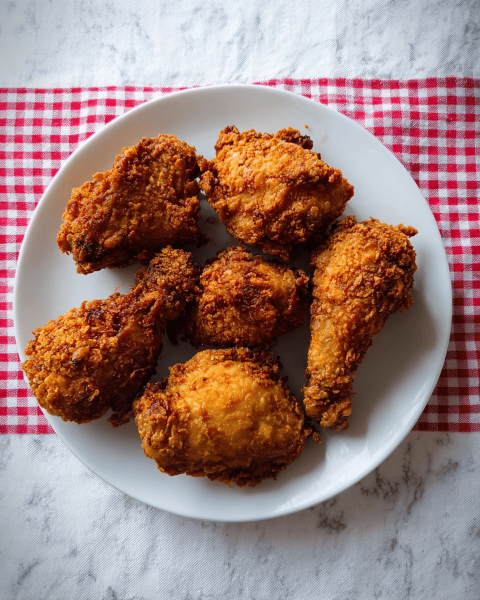 A white plate holds six pieces of crispy fried chicken, each piece coated in a golden brown, crunchy breading with rough, textured edges. The chicken pieces vary in size and shape, showing some with rounder parts and others with more angular edges. The plate sits on a white marbled surface covered partially by a white cloth with red checkered lines. The overall color of the fried chicken is warm and richly browned, highlighting the crunchiness and varying textures of the crust. Photo taken with an iphone --ar 4:5 --v 7