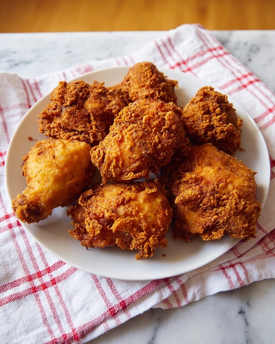 A white plate sits on a white marbled texture with a red and white checkered cloth underneath. On the plate, there are six pieces of fried chicken arranged closely together. The chicken has a rough, crispy, golden brown crust with darker spots, showing a crunchy texture. The pieces vary in size, with some larger drumsticks and smaller thighs, all evenly fried on the outside. The lighting shows the crunchy details and the warm tones of the fried coating. photo taken with an iphone --ar 4:5 --v 7