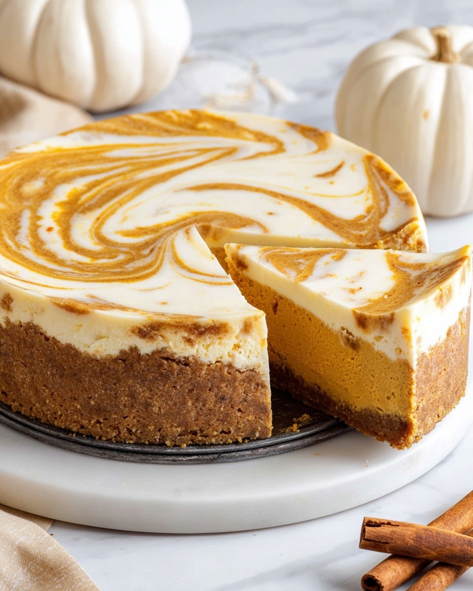 A round cheesecake with three visible layers sits on a metal tray over a white marbled surface. The bottom layer is a thick, crumbly brown crust, the middle layer is a dense golden pumpkin filling, and the top layer is a mix of creamy white and pumpkin swirls creating a marbled effect. A slice is cut out showing the distinct layers clearly. In the background, a small white pumpkin and cinnamon sticks add an autumn feel. Photo taken with an iphone --ar 4:5 --v 7