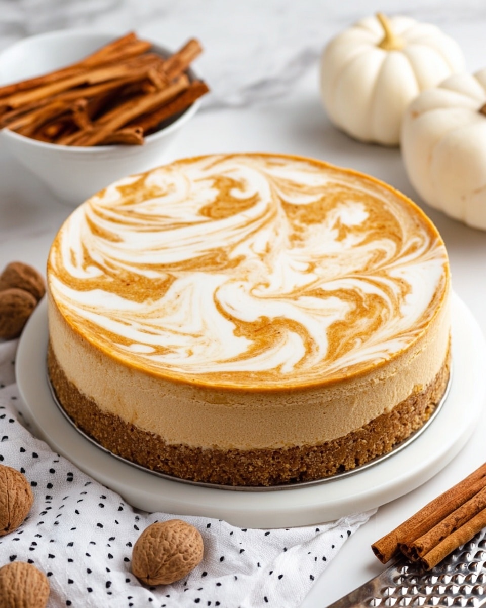 The image shows a three-layer round cheesecake on a white plate with a crumbly golden brown base layer, a thick middle layer of creamy light orange, and a smooth top layer with a white and light orange swirl pattern that looks soft and marbled. The smoothie effect on top creates elegant swirls that cover the entire surface. The cake is surrounded by whole nutmegs, cinnamon sticks, a white bowl filled with cinnamon sticks, a white pumpkin, and a grater on a white marbled surface with a white cloth with small dark dots partially in the frame. Photo taken with an iphone --ar 4:5 --v 7