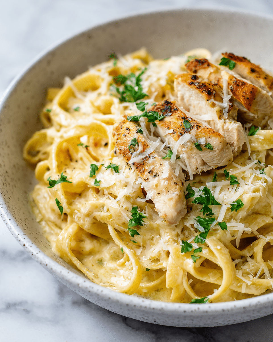 A close-up view of a white speckled bowl filled with fettuccine pasta coated in a creamy light yellow sauce. On top, there are three pieces of cooked chicken breast, light golden brown with some white creamy sauce covering parts of them. The dish is sprinkled with grated white cheese and small green parsley leaves scattered evenly. The bowl sits on a white marbled surface, enhancing the fresh and simple look of the food. photo taken with an iphone --ar 4:5 --v 7