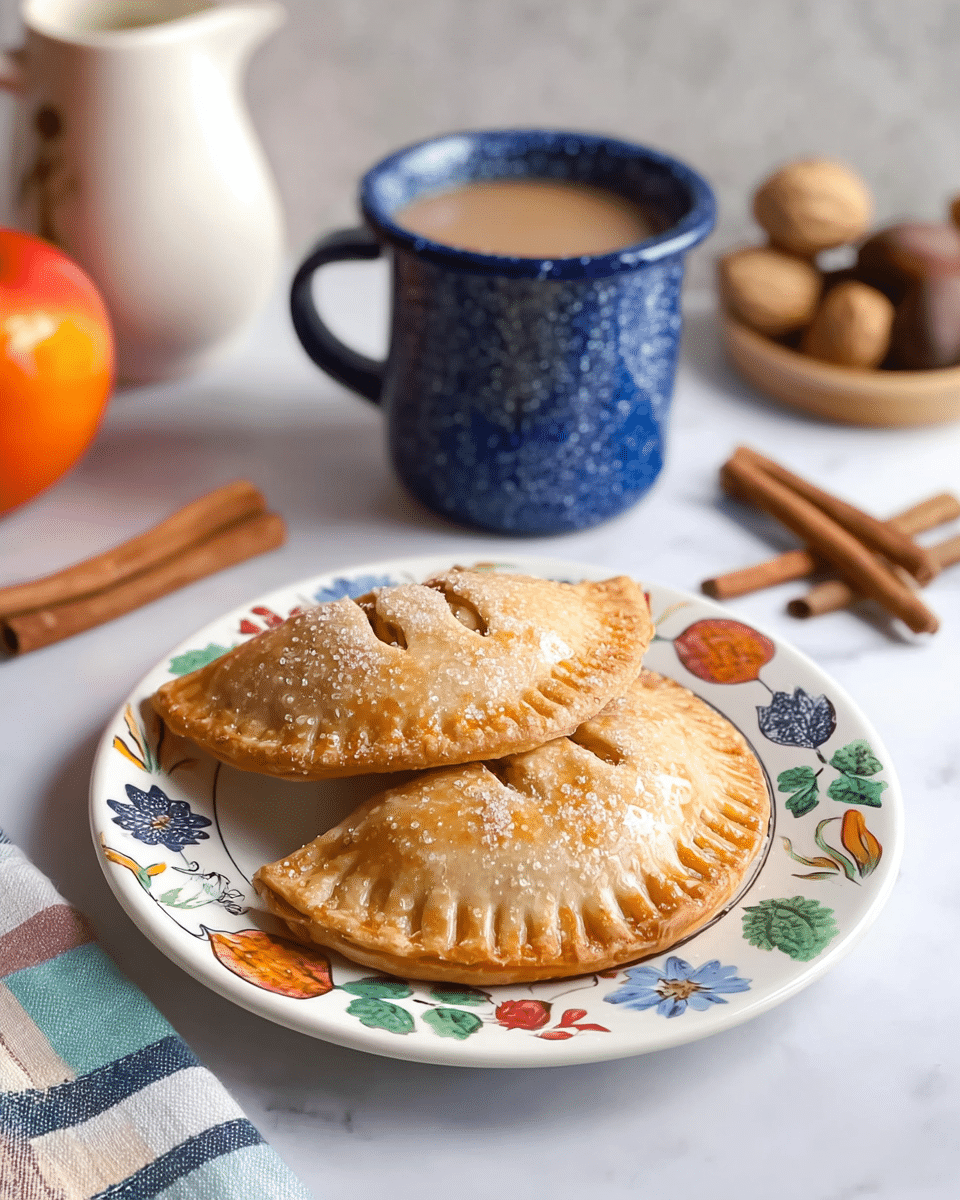 Two golden-brown, half-moon shaped hand pies with a slightly shiny crust sprinkled with coarse sugar sit stacked on a white plate decorated with colorful floral and leaf patterns. Each pie has small fork-pressed edges and two small slits on the top crust, showing a hint of the filling inside. Behind the plate, on a white marbled surface, there is a blue speckled enamel mug filled with a warm drink, a white pitcher, cinnamon sticks, and some whole nuts. The scene suggests a cozy setting with soft natural lighting. Photo taken with an iphone --ar 4:5 --v 7