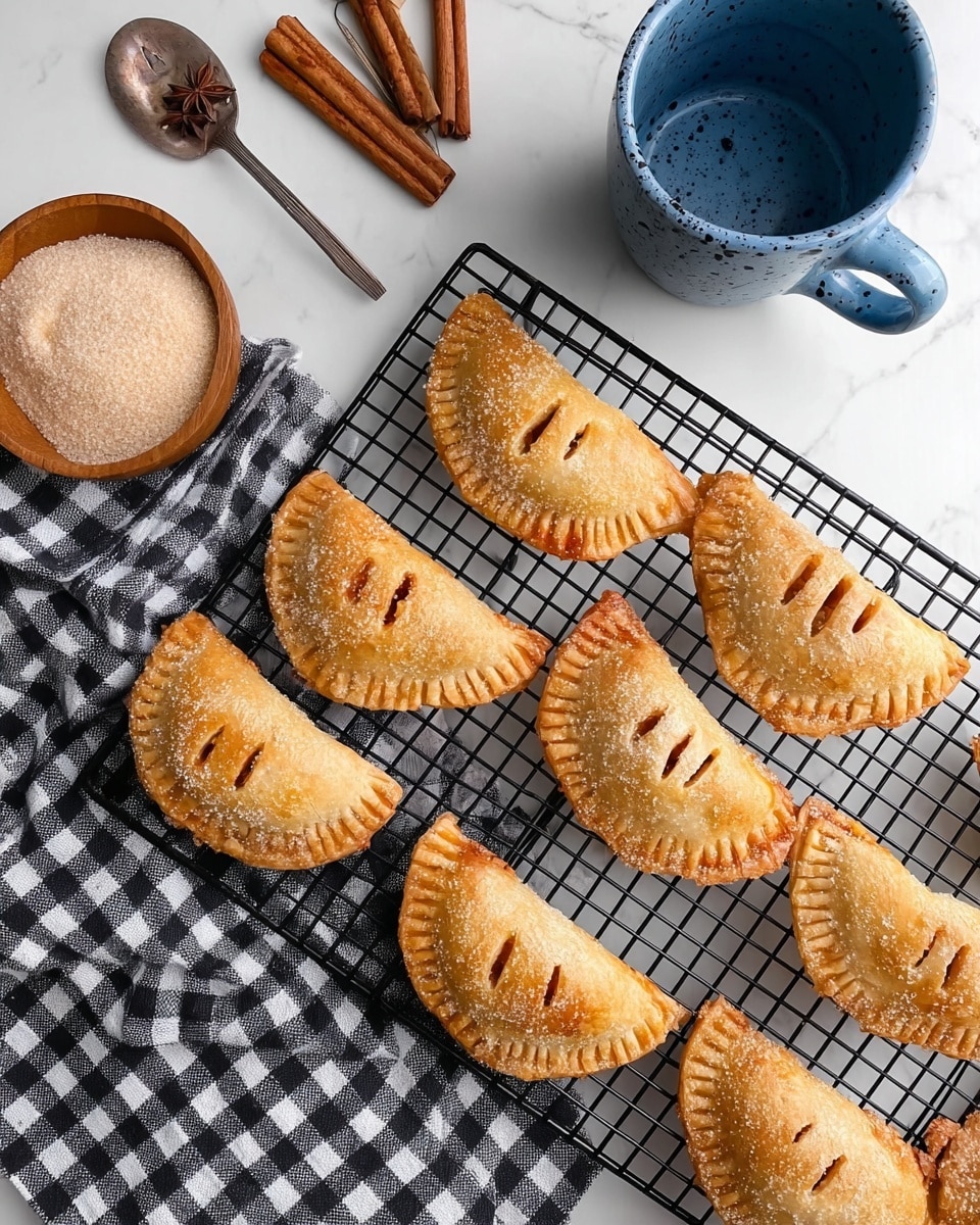 A black cooling rack holds nine golden-brown half-moon hand pies arranged in three rows with a slightly rough sugar-coated surface and small slits on top of each pie, showing caramelized filling peeking through. To the top left, a wooden bowl filled with sugar, three cinnamon sticks, a whole nutmeg, and a spoon rest on a white marbled surface covered with a black and white checkered cloth. A blue speckled mug with a handle is visible on the top right side. The scene is bright and clean with warm tones. Photo taken with an iphone --ar 4:5 --v 7