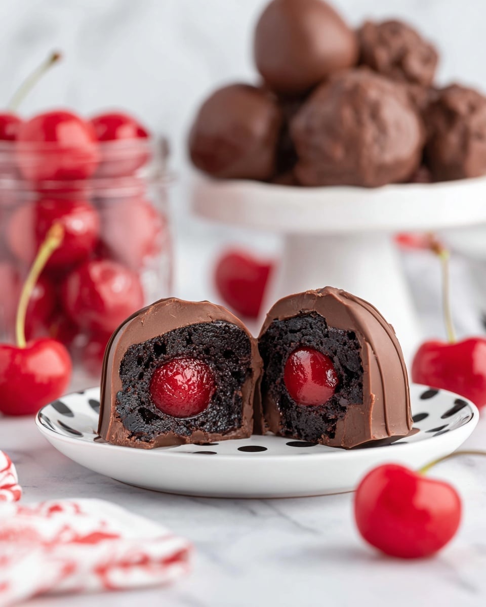 The image shows a close-up of a chocolate-covered cherry treat, cut in half to reveal its inside. The outer layer is smooth milk chocolate, covering a dark, moist chocolate cake layer inside, which holds a bright red cherry at the center. The halves sit on a white plate with black polka dots, placed on a white marbled surface. Around the plate, bright red cherries with stems add a fresh pop of color. Behind the plate, there is a jar filled with shiny red cherries and a white bowl filled with whole chocolate-covered treats, all set against the white marbled background. Photo taken with an iphone --ar 4:5 --v 7