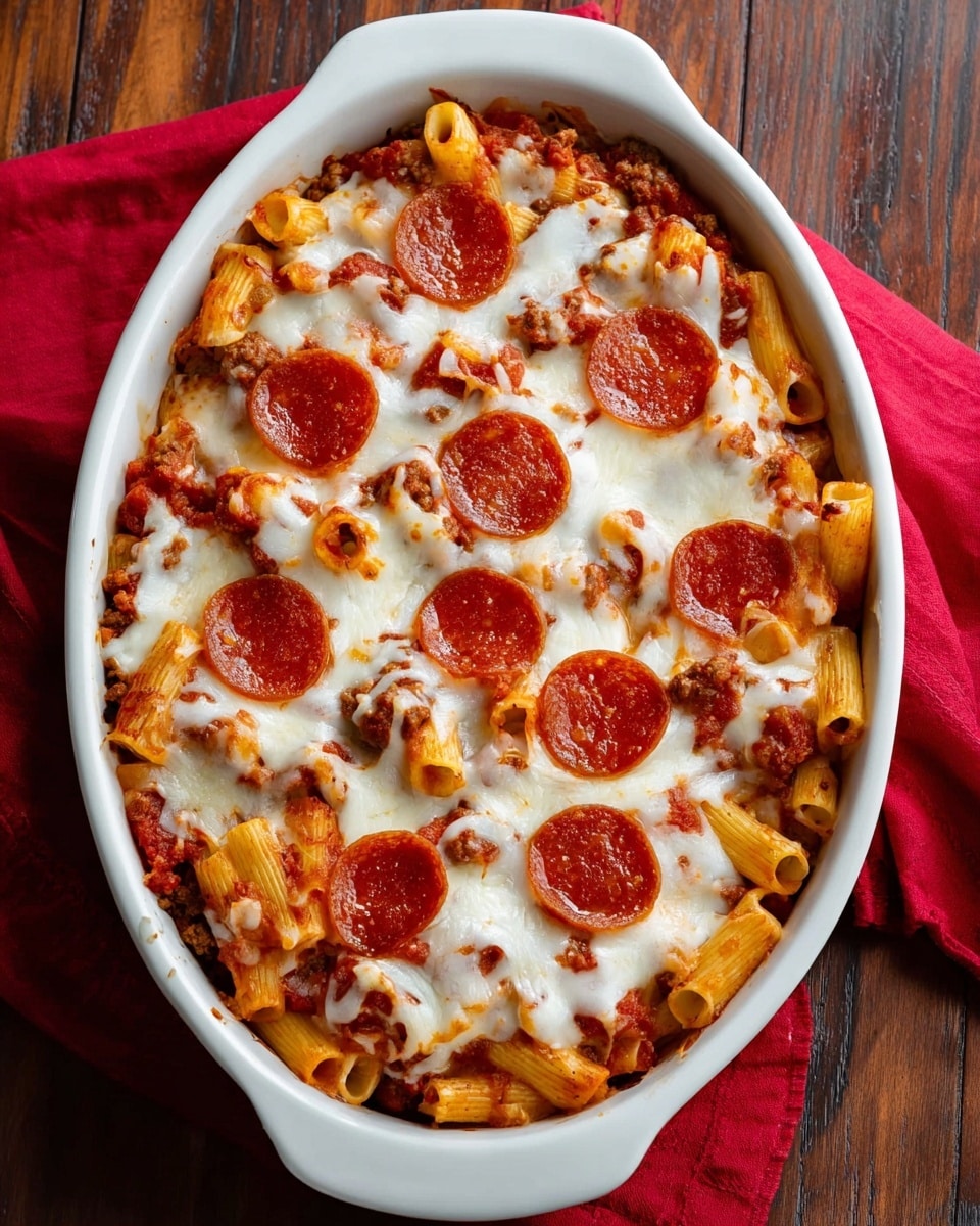 A black round bowl holds a layered pasta dish with rigatoni as the base, coated in bright red tomato sauce with bits of cooked ground meat mixed in, giving a hearty texture throughout. On top of the pasta, there is melted white cheese that looks creamy and stretchy, with two round slices of reddish-brown pepperoni placed on top. The bowl is placed on two stacked textured brown plates, all set on a wooden surface. In the background, there is a large baking dish filled with the same pasta, slightly blurred, and a red cloth is also visible. The whole setup is on a white marbled surface. Photo taken with an iphone --ar 4:5 --v 7