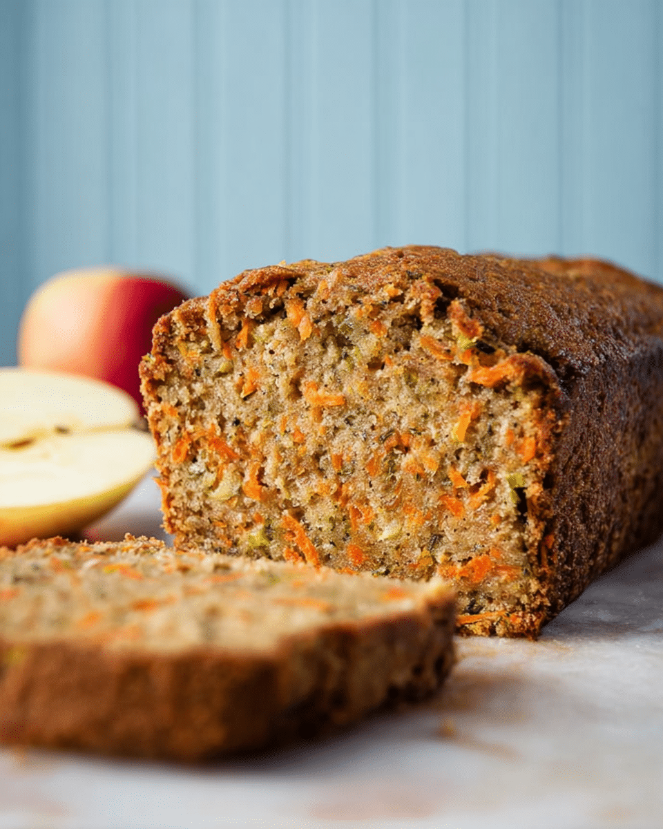 A close-up view of a moist loaf cake with a textured brown crust and a soft interior full of small orange and green bits, likely shredded carrots and zucchini, in a light tan batter; the loaf is placed on a white marbled surface with one end cut into thick slices showing the detailed crumb inside, and a halved apple blurred in the background against a soft blue vertical paneled wall. photo taken with an iphone --ar 4:5 --v 7