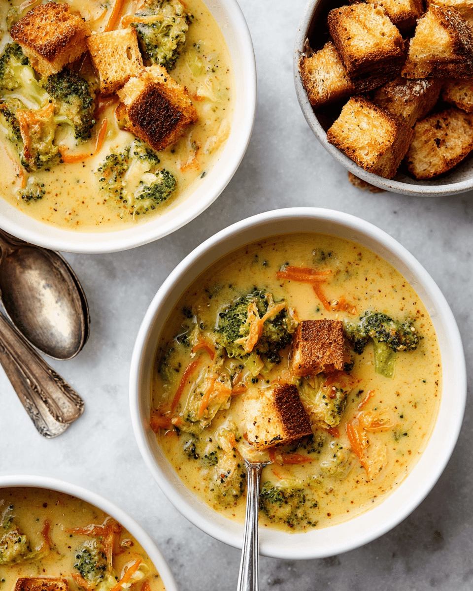 Three white bowls filled with creamy broccoli soup are placed on a white marbled surface. Each bowl has a thick layer of light yellow soup with visible green broccoli florets and thin orange carrot strips mixed throughout. On top of the soup, there are several pieces of golden-brown toasted bread, some crusty and others soft. A silver spoon rests inside one of the bowls, partially submerged in the soup. Nearby are two vintage silver spoons, and a separate white bowl contains extra toasted bread pieces. The overall look is warm and inviting with textures from creamy soup to crunchy bread. photo taken with an iphone --ar 4:5 --v 7