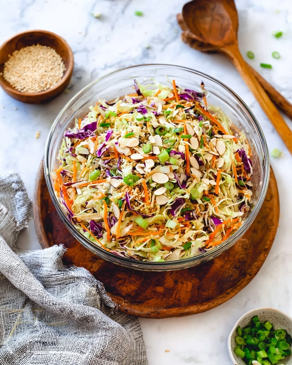 A clear glass bowl filled with a colorful salad showing multiple layers including light green shredded cabbage, thin orange carrot strips, small pieces of purple cabbage, and light beige crunchy noodle pieces mixed throughout. The salad is topped with chopped green onions and sliced almonds scattered across the top for texture. The bowl is placed on a round wooden board, set on a white marbled surface with a small wooden bowl filled with sesame seeds and a wooden spoon nearby, along with a small bowl of chopped green onions on a gray and white striped cloth. Photo taken with an iphone --ar 4:5 --v 7