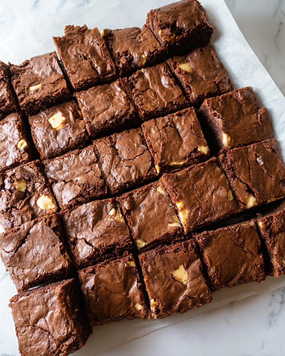 A large tray of chocolate brownies, cut into small square pieces with visible white chocolate chunks scattered unevenly throughout. The brownies have a slightly cracked and textured top layer, showing a rich brown color with a soft, dense interior. The edges look slightly crisp and the overall shape is a rough rectangle with a few uneven corners. The brownies sit on a white marbled surface lined with white parchment paper beneath them. photo taken with an iphone --ar 4:5 --v 7