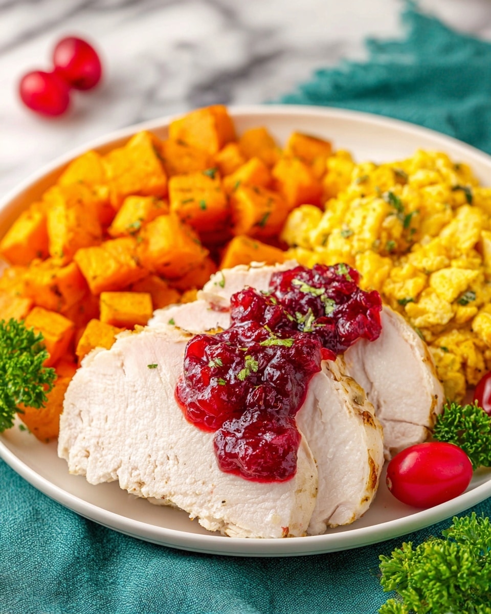 A white plate with two thick slices of white turkey breast stacked slightly, topped with a glossy, deep red cranberry sauce with visible fruit chunks and small green herb bits sprinkled on top. To the left of the turkey is a neat pile of bright orange cubed sweet potatoes, and to the right sits a mound of soft, golden-yellow scrambled eggs with small green herb pieces mixed in. The plate rests on a teal cloth on a white marbled surface, with two small red tomatoes and green parsley sprigs placed in the foreground. Photo taken with an iphone --ar 4:5 --v 7
