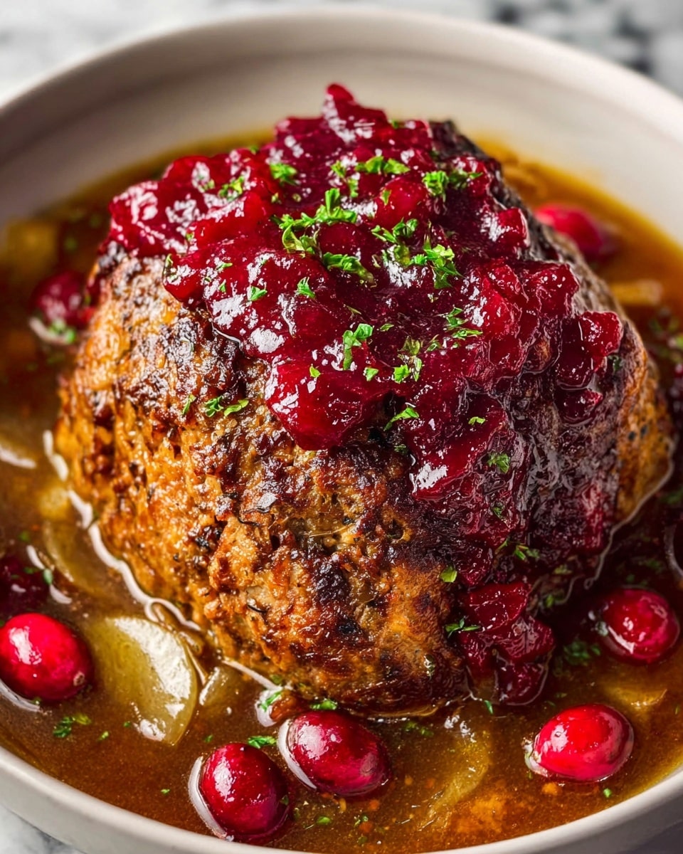 A close-up photo of a single thick meatloaf shaped in a dome, with a textured brown crust and visible seasoning. On top, there is a glossy, deep red cranberry sauce spread unevenly, with small green herb bits sprinkled over it. The meatloaf sits in a rich brown gravy with pieces of softened onions. Around the main meatloaf, whole bright red cranberries float in the sauce. The dish is served in a white bowl on a white marbled textured surface. photo taken with an iphone --ar 4:5 --v 7