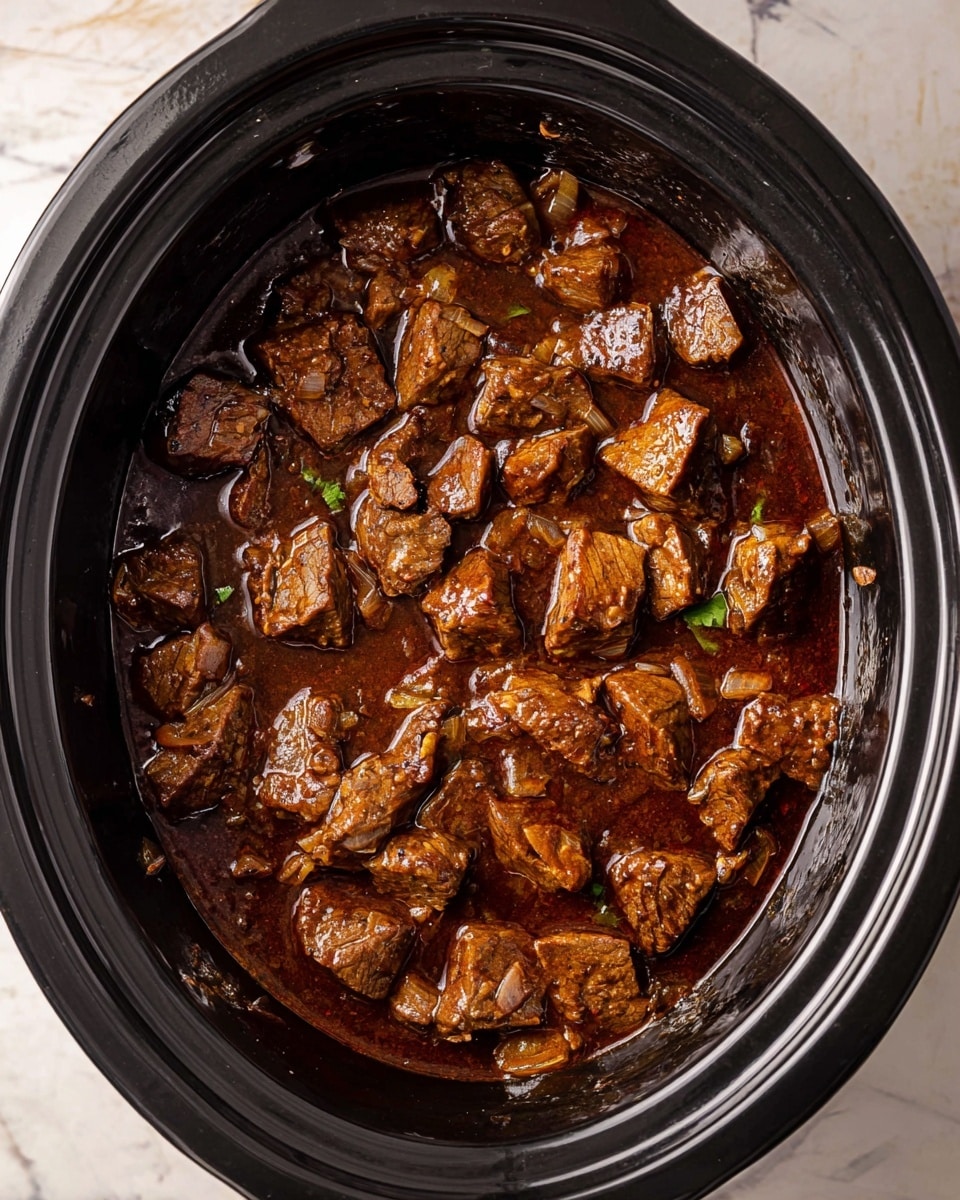 A slow cooker filled with a single layer of browned beef chunks in a rich, glossy brown sauce with visible pieces of cooked onions mixed evenly throughout. The beef pieces are evenly cut in medium-sized cubes with some seared edges, all coated in the steady layer of sauce. The slow cooker itself is black and round, contrasting with the dark brown stew inside. The surface beneath the cooker is a white marbled texture. photo taken with an iphone --ar 4:5 --v 7