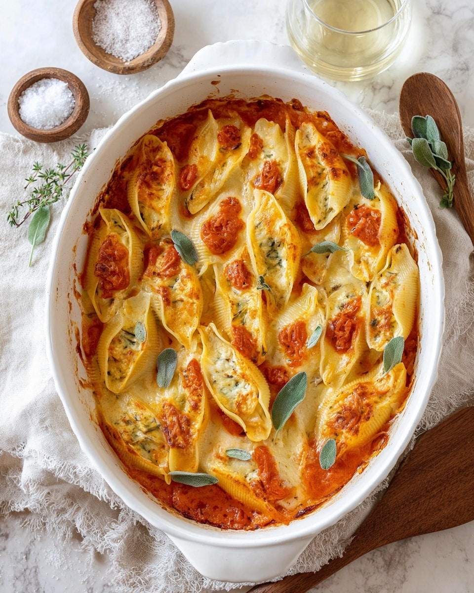 The image shows a white oval baking dish filled with baked stuffed pasta shells arranged in two to three uneven layers. Each large shell is covered in melted, slightly browned cheese, with some bright orange tomato sauce dollops on top. Small green herb leaves, likely sage, are scattered over the shells, adding a fresh contrast. The dish sits on a white marbled surface, surrounded by a wooden spoon on a white cloth, a salt container on a wooden board with green herbs, and a glass of white wine. The lighting is soft and natural, highlighting the textures and warm colors. photo taken with an iphone --ar 4:5 --v 7