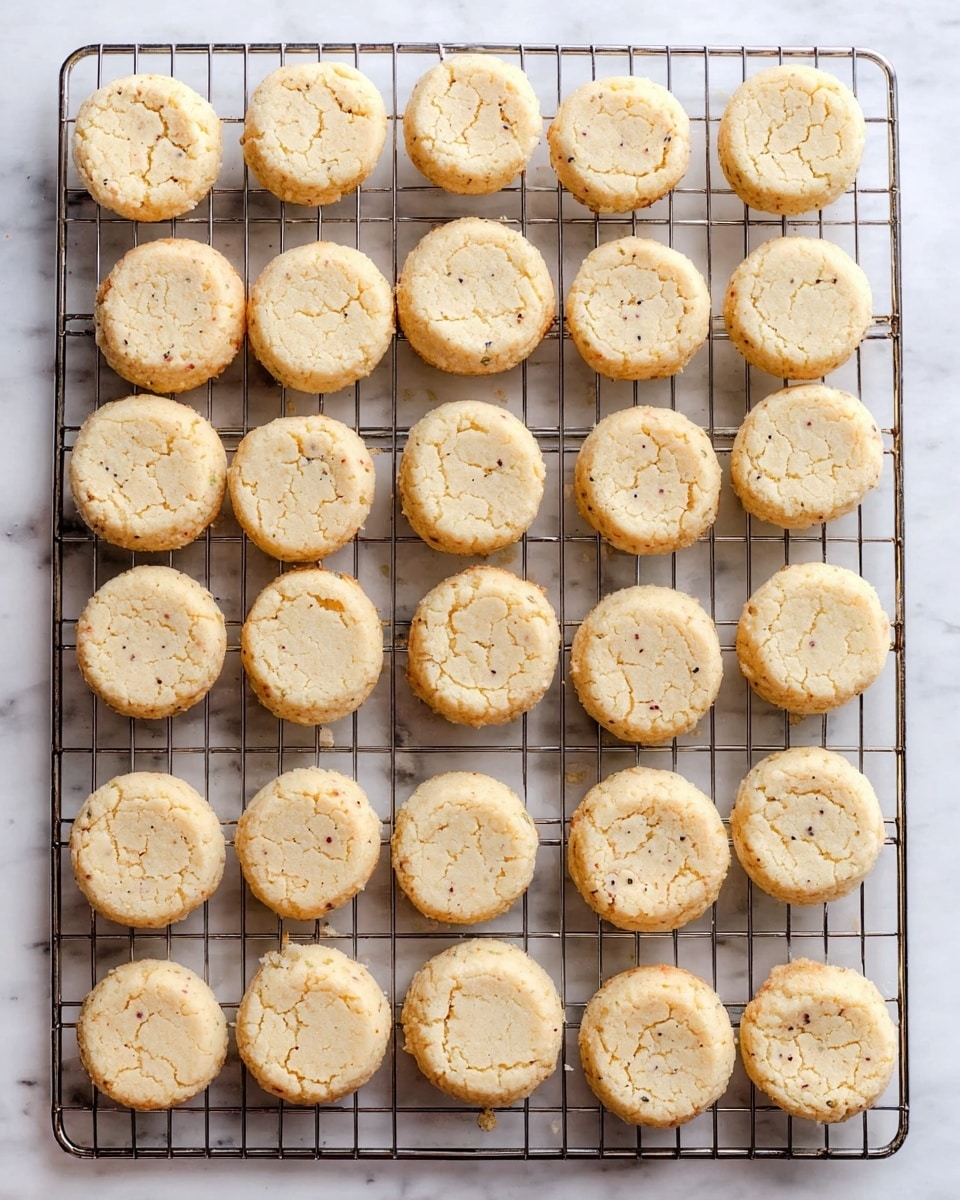 A cooling rack holds 28 small, round cookies in a loose grid arrangement. Each cookie is pale golden in color with tiny dark specks scattered throughout, showing a slightly rough texture on their tops. The cookies have a light, soft dough look with subtle cracks and slightly raised edges. The metal rack's grid pattern is visible beneath the cookies, and the whole setup rests on a white marbled surface. photo taken with an iphone --ar 4:5 --v 7