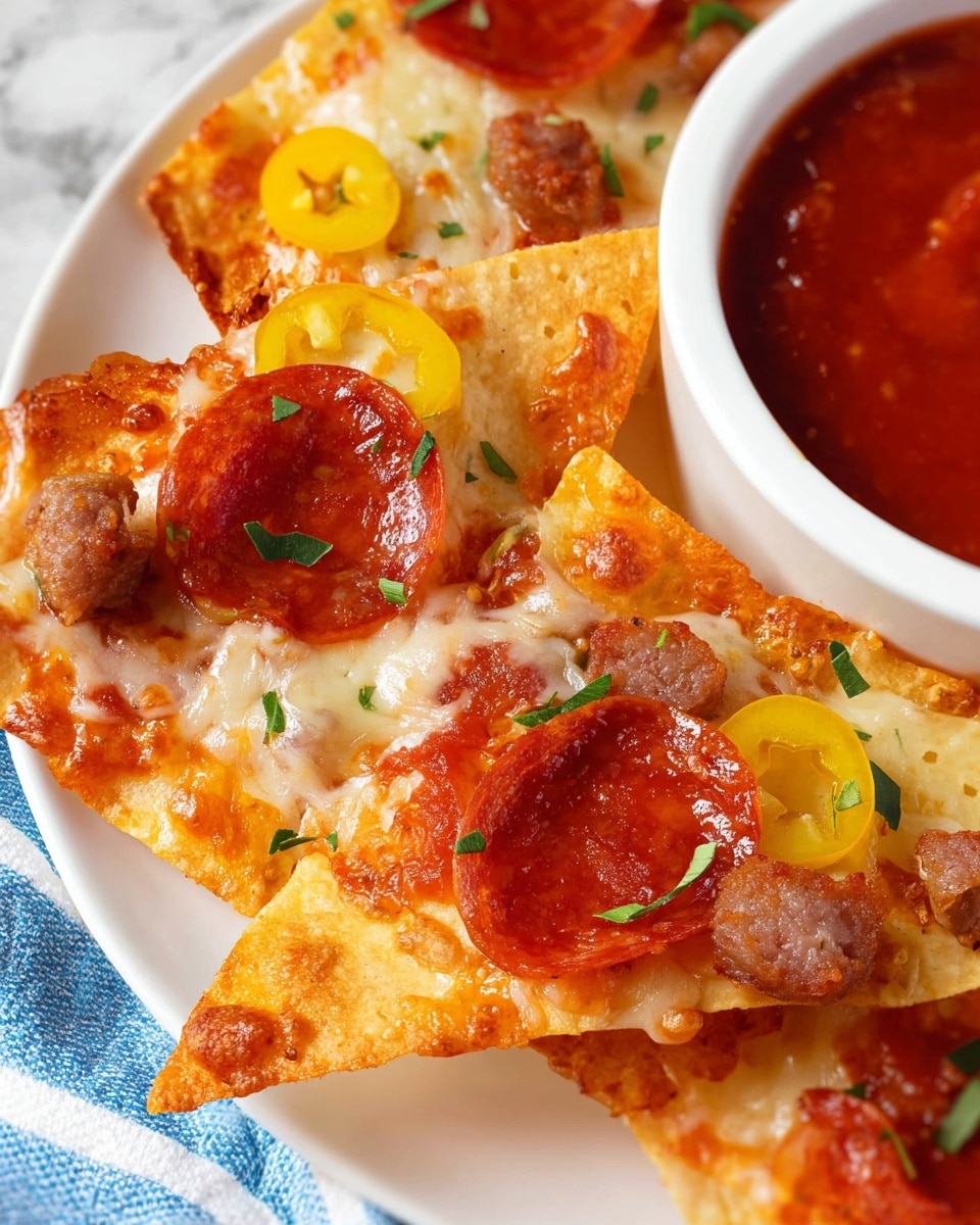 The image shows three triangle-shaped crispy chips topped with melted white cheese, small pieces of cooked sausage, and glossy red pepperoni slices, garnished with small green herbs and bright yellow pepper rings. The chips have a golden-brown, bubbly texture and are slightly stacked on a white plate. To the right edge of the image, a white bowl holds a rich red salsa sauce with a smooth texture. The setting is on a white marbled surface with a hint of a blue and white striped cloth nearby. Photo taken with an iphone --ar 4:5 --v 7