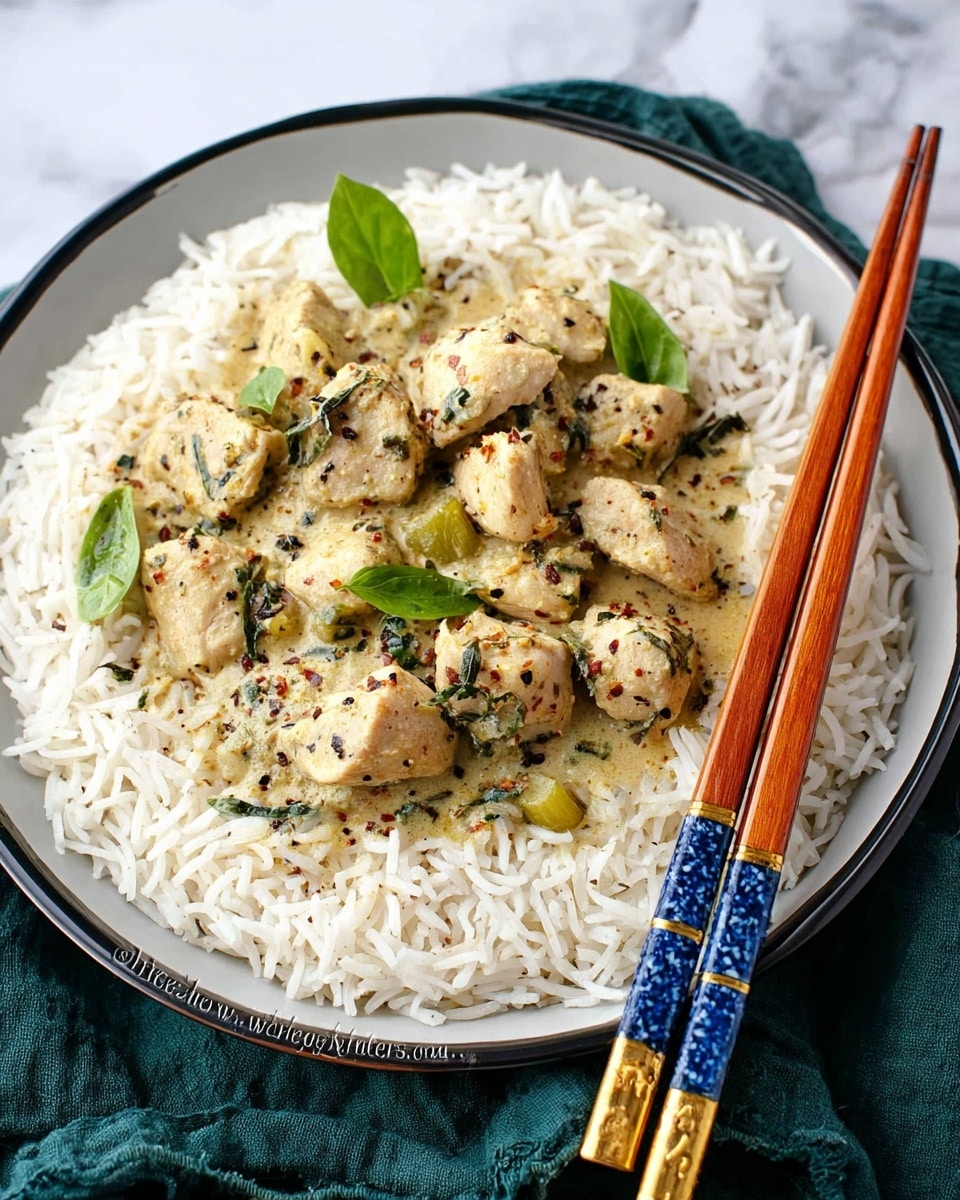 A white plate filled with a ring of fluffy white rice around the edge, with a mound of creamy chicken curry in the center. The chicken pieces are light brown with visible herbs and black pepper, mixed with small green leaves scattered on top and some bits of light green vegetables embedded in the sauce. A pair of wooden chopsticks with blue and gold details rest diagonally on the right side of the plate. The plate sits on a white marbled surface with a dark green cloth partially visible underneath. Photo taken with an iphone --ar 4:5 --v 7