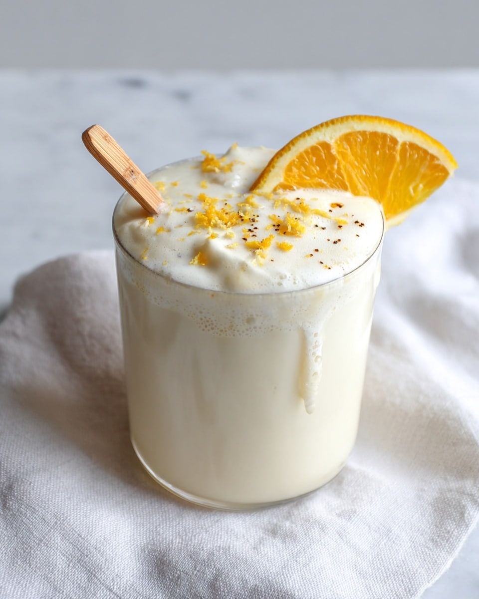 A clear glass cup holds a creamy white drink with a thick layer of foamy milk on top. The foam is soft and fluffy, covering the surface and slightly spilling over the edges. On top of the foam, there are small orange zest sprinkles and tiny dark specks, adding texture and color. A fresh orange slice with bright yellow-orange color sits on one side of the foam as a garnish. Next to the glass, leaning against it, is a light brown wooden stick. The setting is on a white marbled surface covered with a white cloth under soft natural light. Photo taken with an iphone --ar 4:5 --v 7