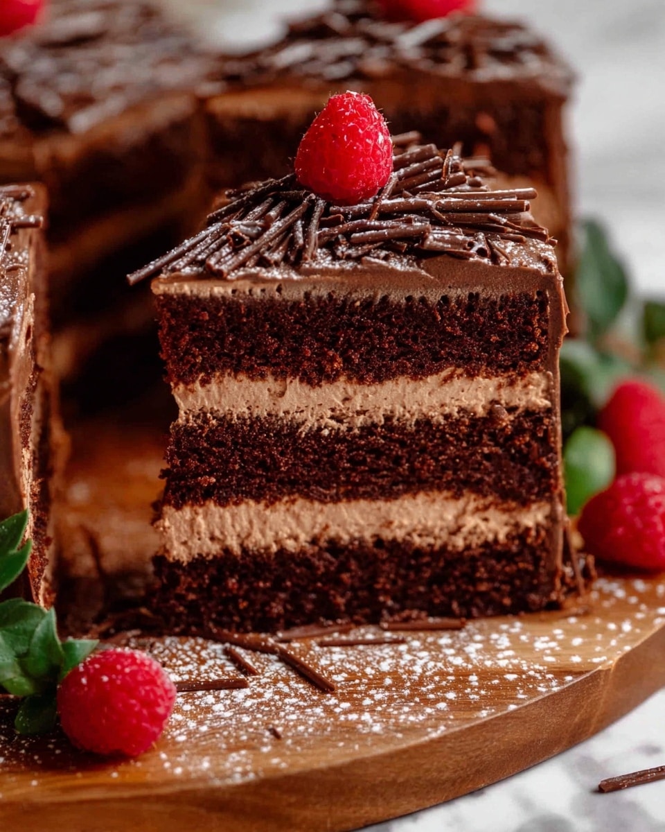 A close-up image of a chocolate cake slice with four clear layers: three dark brown chocolate cake layers separated by three smooth, creamy light brown chocolate frosting layers. The top is covered with thicker chocolate frosting, decorated with thin, dark chocolate shavings scattered all over and a bright red raspberry placed in the center. The slice sits on a round wooden board sprinkled with powdered sugar and more chocolate shavings. Around the main slice, there are other similar chocolate cake pieces with the same decoration, and additional raspberries and green leaves add a pop of color. The background is a white marbled texture. Photo taken with an iphone --ar 4:5 --v 7