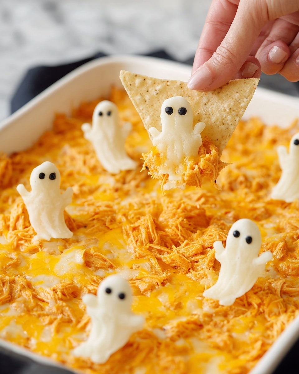 A white rectangular dish filled with shredded orange chicken covered in melted light yellow cheese. On top of the cheese are small ghost shapes made from melted white cheese, each with two small black eyes, placed evenly across the dish. A woman's hand is lifting a triangular chip with a ghost-shaped melted cheese piece on top, showing the orange shredded chicken sticking to the chip underneath the cheese ghost. The background is a white marbled surface. photo taken with an iphone --ar 4:5 --v 7