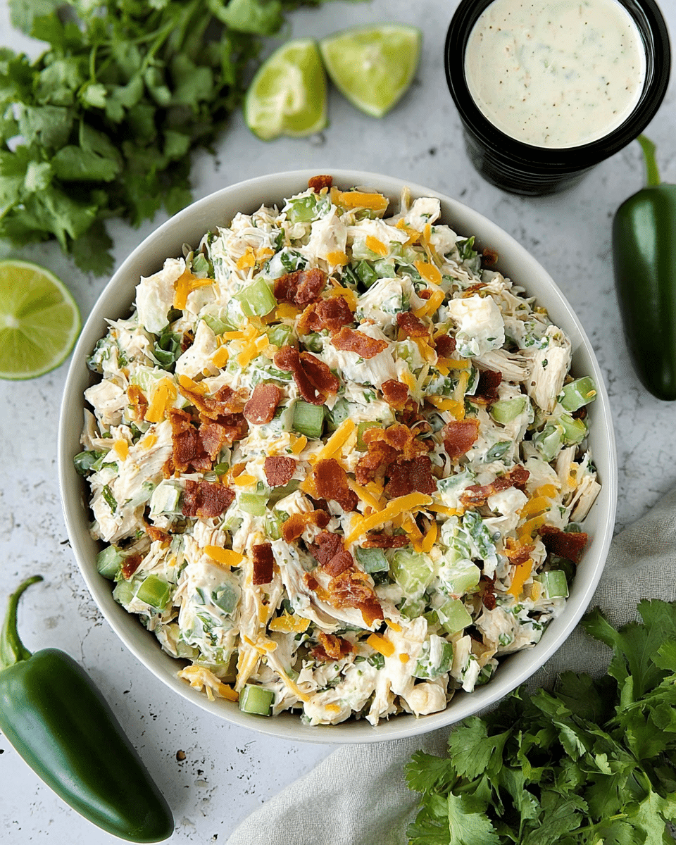 A bowl filled with a mixed chicken salad that shows about four main layers: shredded white chicken pieces, small bright green diced celery, orange shredded cheese, and crispy red-brown bacon bits scattered on top. The salad has a creamy dressing mixed throughout, with bits of darker green herbs or vegetables. The bowl is white, resting on a white marbled textured surface surrounded by fresh green jalapeños, lime halves, and fresh cilantro leaves. A container of creamy white dressing is visible near the top of the image with its black lid beside it. photo taken with an iphone --ar 4:5 --v 7