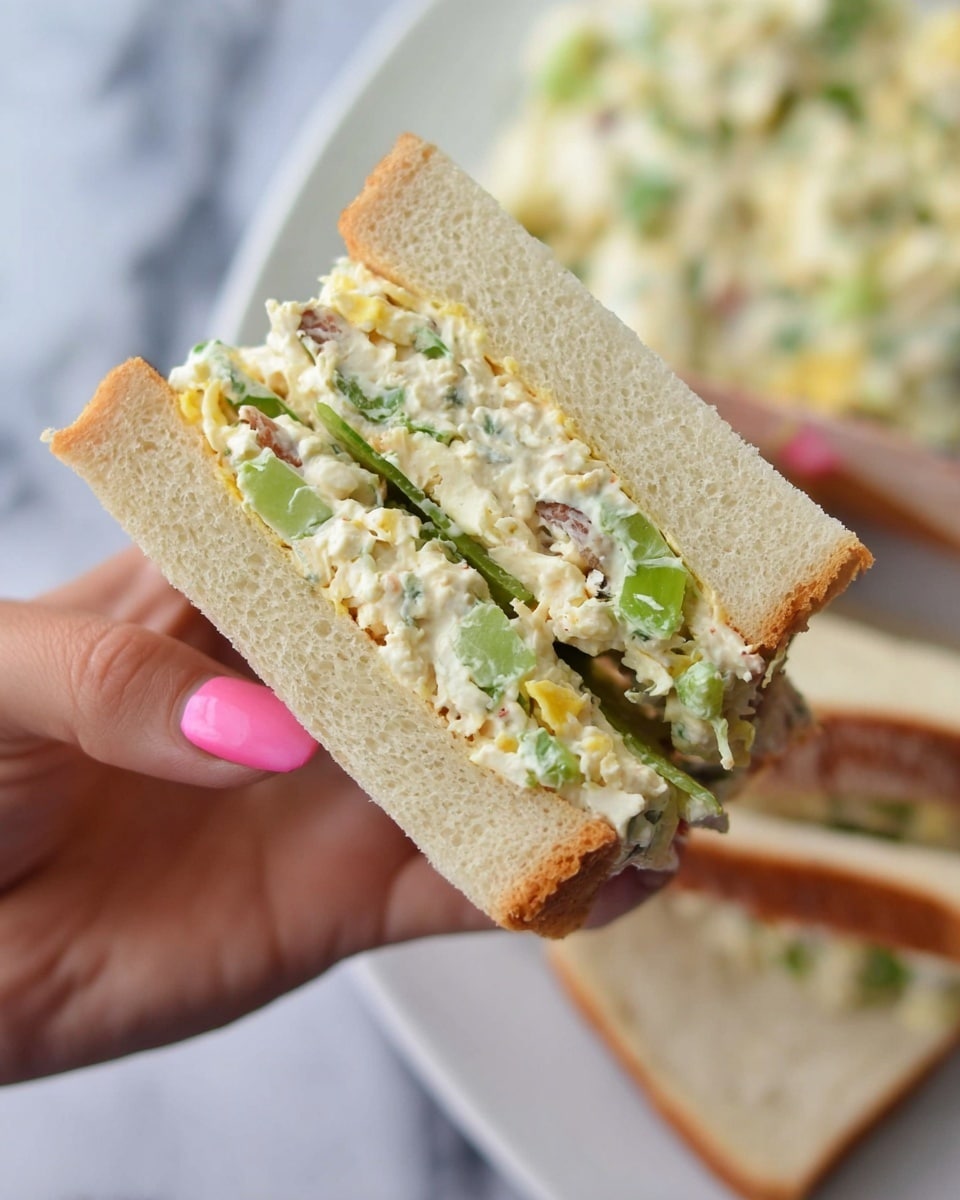A close-up of a sandwich held by a woman's hand with pink nails, showing two layers of soft, light-colored bread with a thick filling inside; the filling includes a creamy mix with visible chopped green celery pieces, shredded white and yellow bits that look like cheese or egg, and some brownish small chunks, all held together in a soft texture. In the background, there is a white plate filled with more of the creamy mixture, all set on a white marbled surface. Photo taken with an iphone --ar 4:5 --v 7