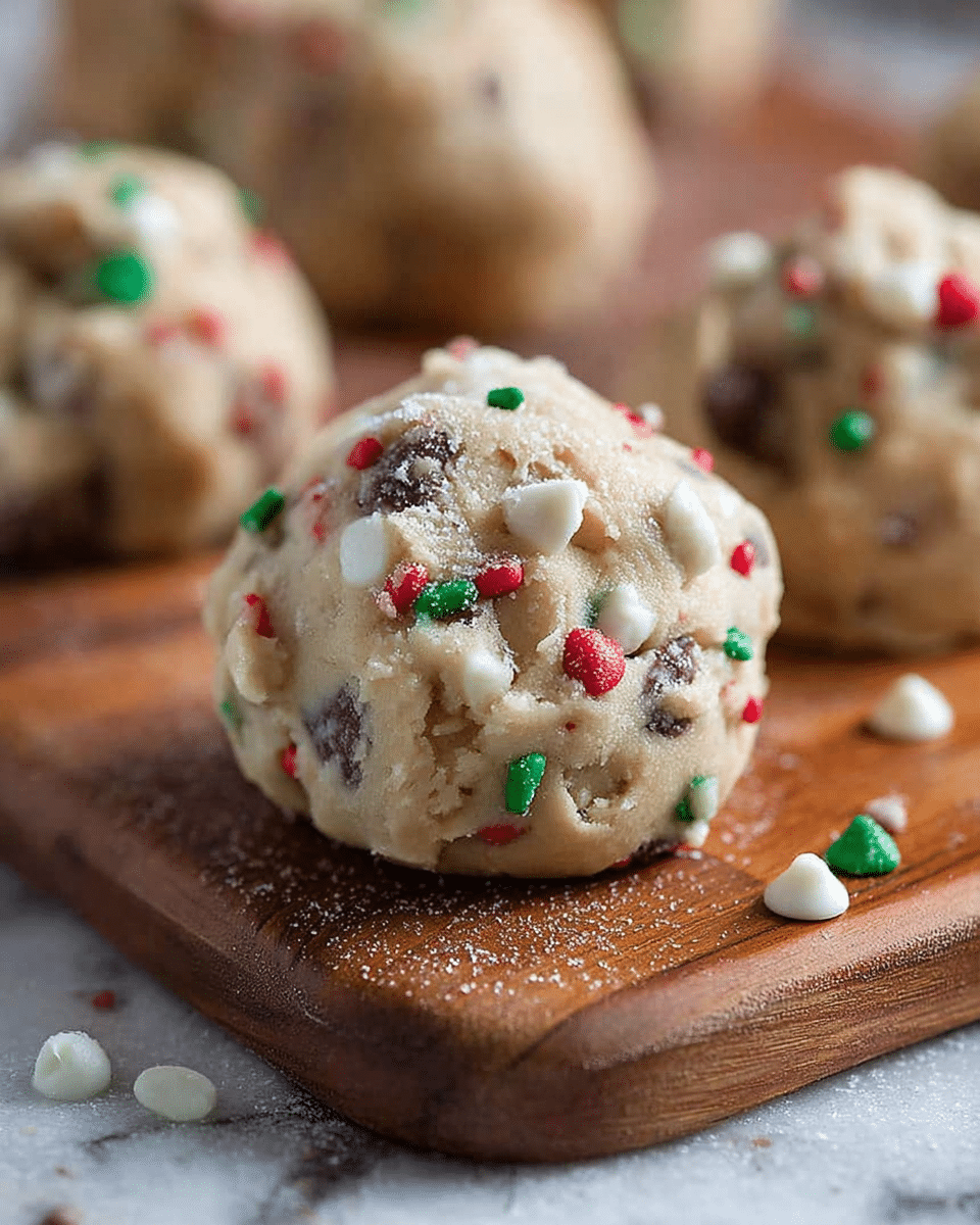 A close-up of a thick round ball of cookie dough resting on a wooden board, showing a light beige dough full of white chocolate chips and darker chocolate pieces mixed evenly throughout. Small red, green, and white round sprinkles are scattered on the dough, some slightly pressed into the surface and some loose around it. In the background, there are more similar balls of cookie dough, slightly out of focus, on the same wooden board. The surface beneath looks like a white marbled texture. photo taken with an iphone --ar 4:5 --v 7
