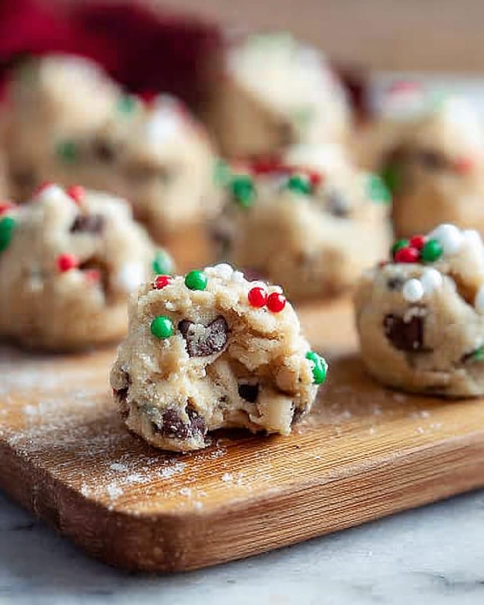 The image shows several small cookie dough balls placed on a light wooden board. Each ball has a rough texture with visible chunks of dark brown chocolate chips mixed into the pale beige dough. The dough is dotted with red, green, and white small round sprinkles giving a festive look. The wooden board is set on a white marbled surface. The focus is on the cookie dough balls in the front, with others softly blurred in the background. Photo taken with an iphone --ar 4:5 --v 7