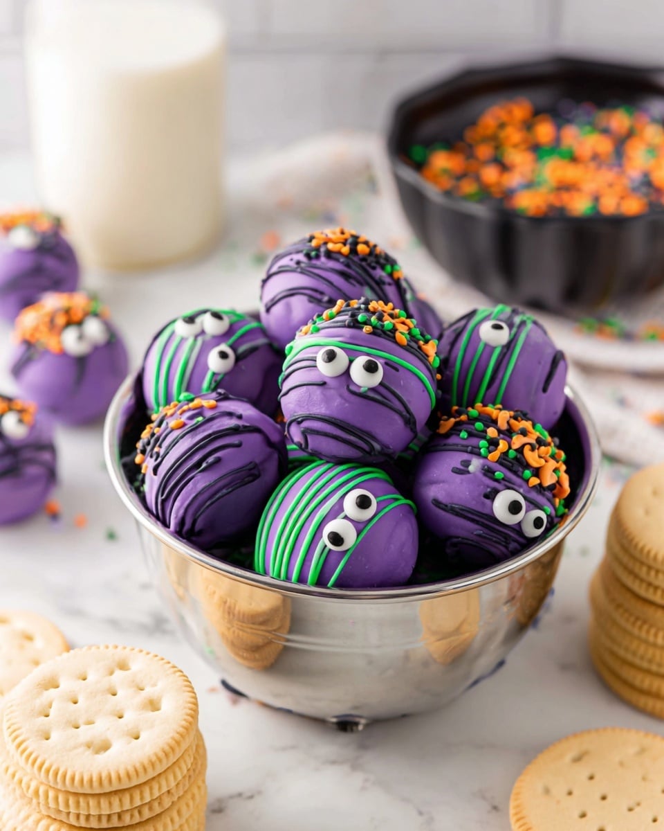 The image shows a silver bowl filled with round purple treats, each decorated with drizzled darker purple lines and topped with colorful sprinkles in orange, green, and black. Each treat also has a small white candy eye with a black dot in the center, making them look playful and monster-like. The bowl is placed on a white marbled surface with stacks of light beige sandwich cookies nearby and a glass of milk in the background. Behind the bowl, there is a small black bowl filled with the same colorful sprinkles. Photo taken with an iphone --ar 4:5 --v 7