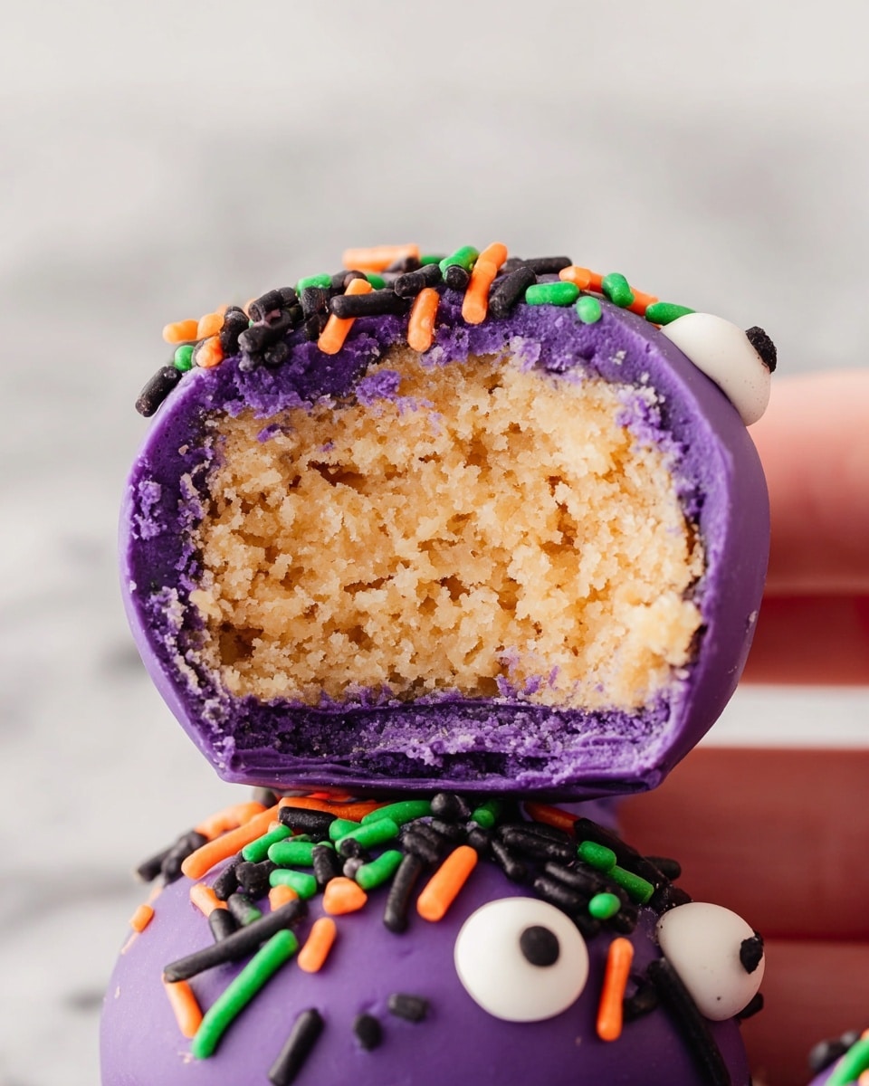 The image shows a close-up of a round treat with two layers: the inside is a crumbly light tan filling, and the outside is coated with smooth purple chocolate that has a slightly shiny texture. The top layer of purple coating is decorated with small, thin, cylindrical sprinkles in black, orange, and green, along with two white candy pieces featuring black dots that look like eyes. The treat sits on a white marbled surface, and a woman's hand is gently holding it from the side to reveal the inside. photo taken with an iphone --ar 4:5 --v 7