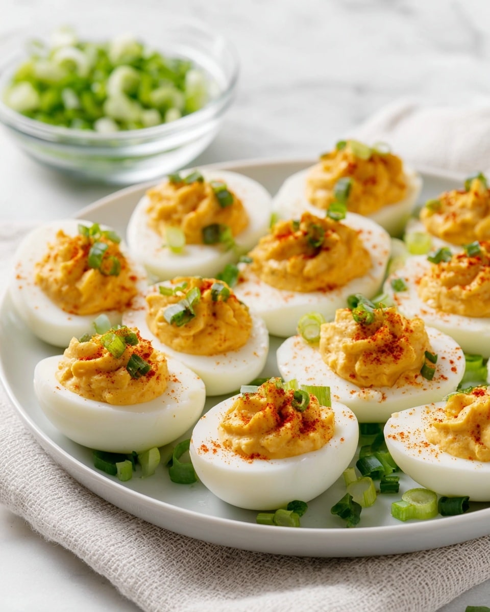 The image shows a white plate with ten deviled egg halves arranged on it. Each egg half has a smooth white outer layer, topped with a creamy, slightly textured orange-yellow yolk filling. The filling is sprinkled with a light dusting of reddish paprika and garnished with small, bright green chopped scallions. In the background, there is a small clear bowl filled with more green scallions. The plate rests on a soft, light-colored cloth, set against a white marbled textured surface. Photo taken with an iphone --ar 4:5 --v 7