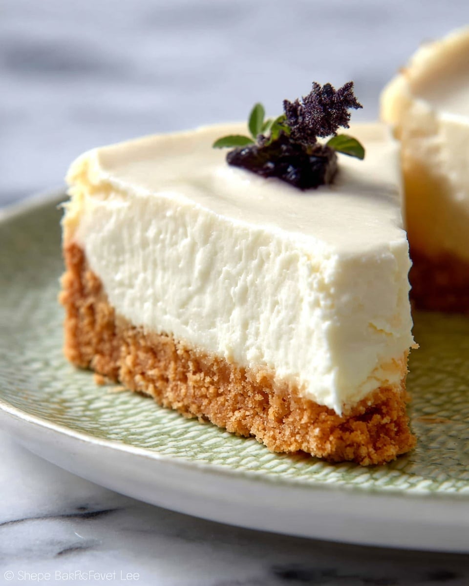 A single slice of cheesecake is shown on a white plate with a detailed lace-like pattern. The cheesecake has two layers: a thick, creamy white top layer with a smooth, soft texture and a thinner, crumbly light brown base layer. On top of the creamy layer, there is a small sprig of lavender with purple flowers and green leaves. The plate sits on a white marbled surface, and part of a wooden honey dipper and a metal spoon are visible in the background. The overall look is fresh, simple, and elegant. photo taken with an iphone --ar 4:5 --v 7