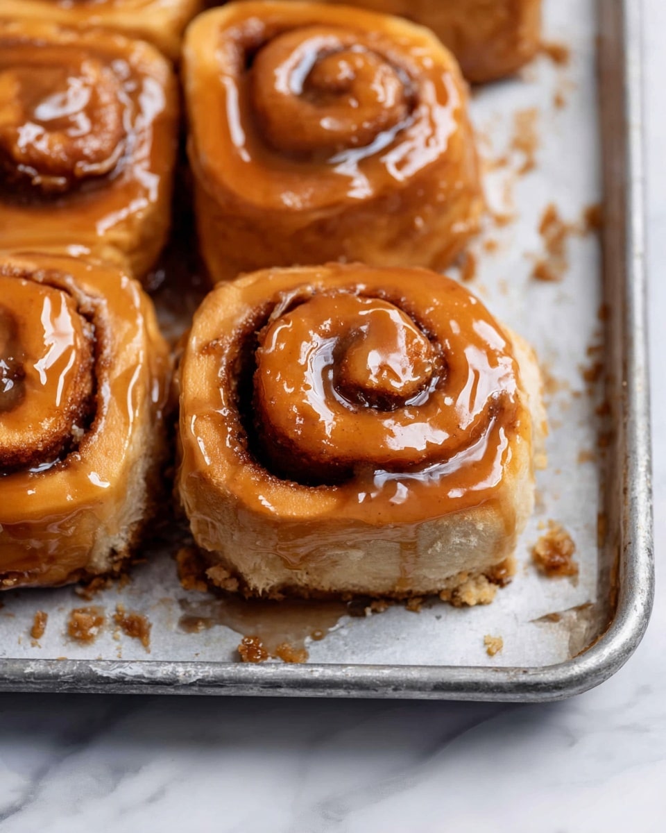 The image shows a close-up of four sticky cinnamon rolls arranged in a square on a metal baking tray with some cinnamon crumbs and sticky glaze around. Each cinnamon roll has one visible thick layer of golden-brown dough spiraled with a darker brown cinnamon filling. They are topped with a smooth, shiny caramel-colored glaze that coats each roll fully, making the texture look sticky and moist. The woman’s hand is not visible, and the background features a white marbled texture. photo taken with an iphone --ar 4:5 --v 7