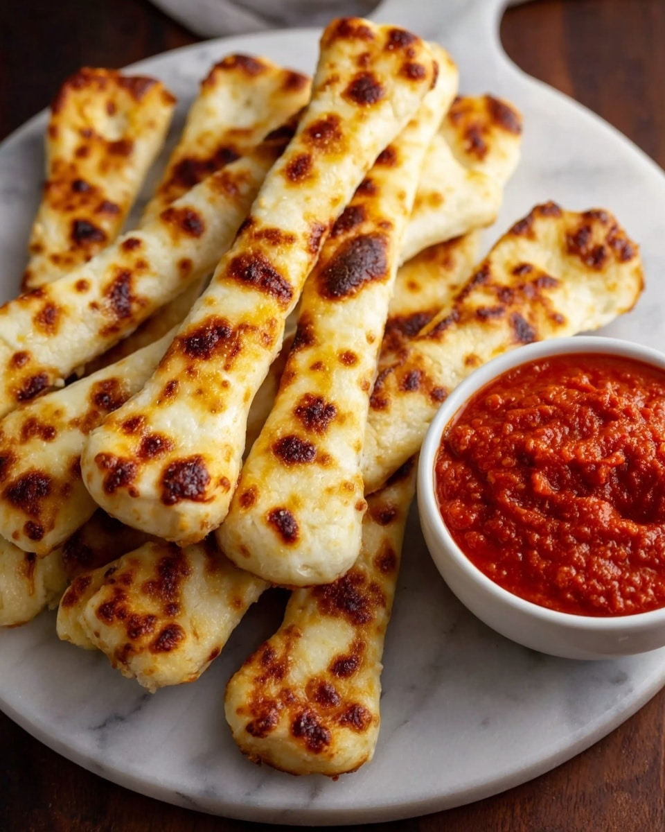 A round white plate holds a stack of eight bone-shaped breadsticks with a golden-brown, melted cheese topping that has darker toasted spots. The breadsticks are arranged in a slightly messy pile, showing their thick, soft texture and crispy edges. To the right side of the plate, there is a small white bowl filled with bright red marinara sauce that has a chunky texture. The plate and bowl are placed on a white marbled surface. photo taken with an iphone --ar 4:5 --v 7
