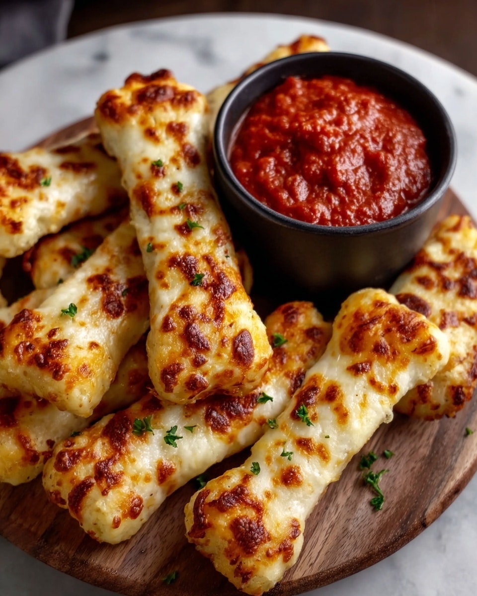A wooden plate piled with nine golden-brown cheese sticks, each shaped like a bone with melted, browned cheese on top, showing a bubbly and slightly crispy texture; beside the cheese sticks sits a small black bowl filled with thick, chunky red marinara sauce; the entire setup rests on a white marbled texture surface. photo taken with an iphone --ar 4:5 --v 7