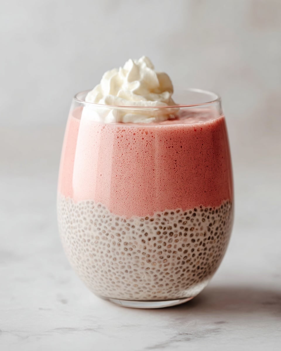 A clear round glass contains three visible layers of a dessert placed on a white marbled surface. The bottom layer is a creamy chia pudding with small, round chia seeds evenly spread in a light beige base. The middle layer is a foamy strawberry pink mousse with a smooth yet slightly bubbly texture sitting directly above the chia pudding. The top layer is a small dollop of thick white whipped cream, gently swirled to add height and softness. The background is also white and softly blurred, making the dessert the focus. photo taken with an iphone --ar 4:5 --v 7