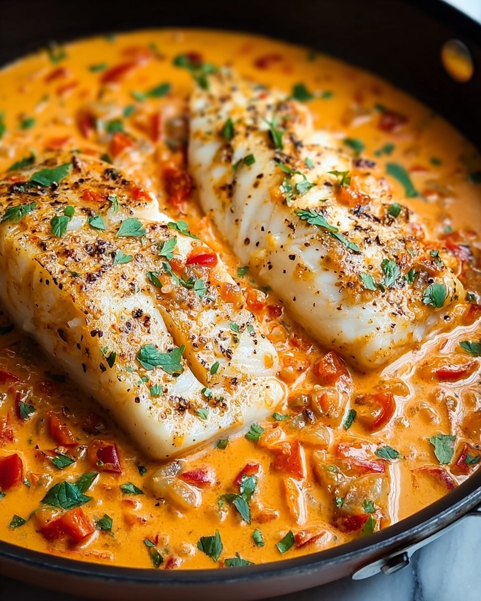 A close-up of a skillet with two thick white fish fillets lying on top of a rich, creamy orange sauce mixed with small pieces of red peppers and onions, sprinkled with fresh green herbs and black pepper. The sauce has a smooth texture with visible chunks of vegetables, and the fish has a slightly grilled look with a few black pepper spots. The dish is presented in a black pan on a white marbled surface. photo taken with an iphone --ar 4:5 --v 7