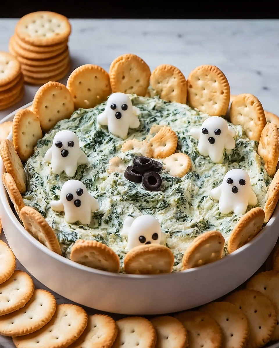 In a round white bowl filled with a creamy green and white spinach dip, there are several dollops of white cream cheese placed on top. Each dollop is decorated with small black olive pieces to look like little ghosts with eyes, and one larger dollop in the center has black olive pieces arranged like a skull face. Ricotta crackers, light tan in color, are arranged standing upright around the edge of the bowl, partially inserted into the dip, creating a border. The bowl is set on a white marbled surface with extra crackers stacked in the background. photo taken with an iphone --ar 4:5 --v 7