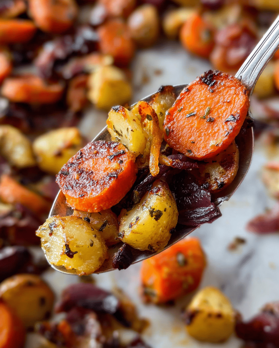 A metal spoon holds a mix of roasted vegetables, showing three main layers: thick orange carrot slices with a slightly charred texture on top, beneath them small yellow potato chunks with a crispy, herb-speckled surface, and pieces of dark red onion adding a glossy and caramelized touch; in the blurry background, more of this roasted vegetable mix spreads out over a white marbled surface, creating a warm, golden-orange overall tone with hints of deep reds and browns, photo taken with an iphone --ar 4:5 --v 7
