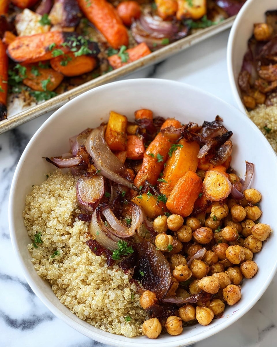 A white bowl filled with three main layers: the bottom layer is light beige quinoa with its soft, tiny grain texture, the middle layer on one side is golden-brown roasted chickpeas with a slightly rough surface, and the top layer is a mix of roasted vegetables including orange carrot slices with slight charring, light brown onion pieces with a caramelized shine, and darker bits of red onion, all mixed together and garnished with small green parsley leaves. In the background, there is a baking tray with more roasted vegetables resting on a white marbled surface. Photo taken with an iphone --ar 4:5 --v 7