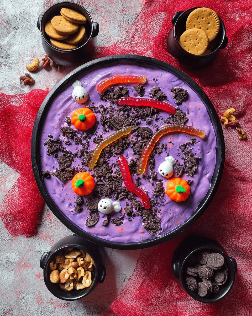 A round black bowl filled with a smooth bright purple creamy dessert as the base layer, topped with scattered dark brown chocolate sprinkles. There are five gummy worms in red, orange, and translucent shades placed around the top, along with three small orange pumpkin-shaped candies with green tops. Small white skull-shaped candies are also scattered evenly across the surface. Around the bowl sit four small black cauldron-shaped containers holding different snacks: two with golden round cookies, one with dark chocolate clusters, and one with light brown nut clusters. The bowl and containers rest on a white marbled textured surface covered partially by a red and white cloth. photo taken with an iphone --ar 4:5 --v 7