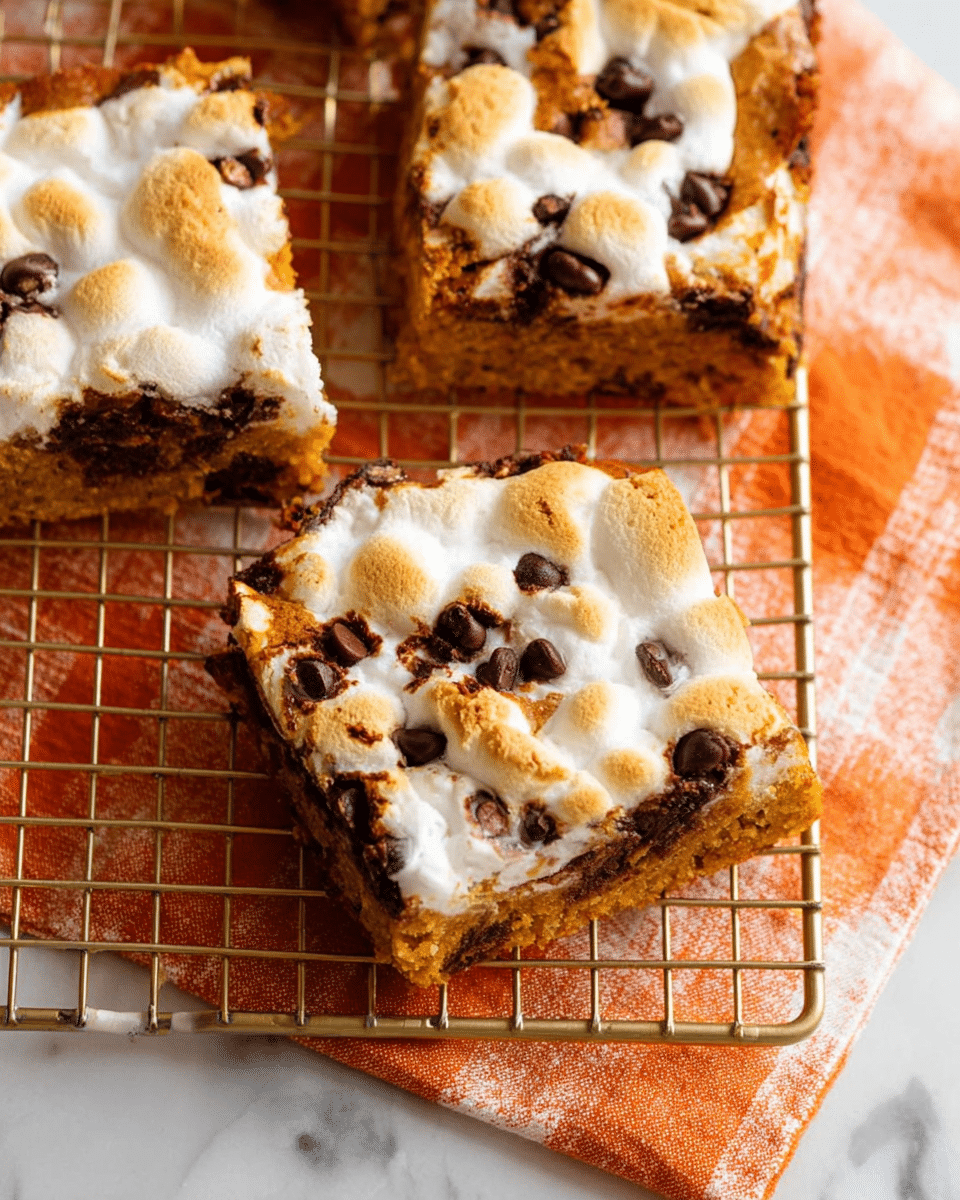 The image shows six squares of bar cookies resting on a cooling rack, each piece with two main layers: a golden brown, slightly crumbly base with visible chocolate chips and a top layer of lightly toasted, creamy white marshmallow with some uneven texture and small browned spots. The cookies have a rich, rustic look with some melting chocolate chips peeking through the marshmallow layer. The cooling rack sits on a white marbled surface with a white and orange cloth partially visible under the rack on one side. Photo taken with an iphone --ar 4:5 --v 7