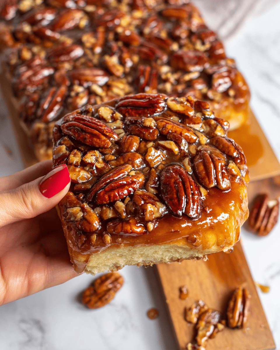 A close-up image shows a square piece of sticky pecan-topped pastry being held by a woman's hand with red nail polish. The pastry has two layers: a golden, soft bread base and a thick, shiny layer of caramel glaze covered evenly with whole, glossy brown pecans. The rest of the pecan pastry sits on a wooden cutting board in the background on a white marbled surface, with some caramel dripping on the board and a few pecans scattered nearby. The glossy nuts and caramel create a rich, textured look, and the image is warmly lit to highlight the dessert's shine and texture. photo taken with an iphone --ar 4:5 --v 7