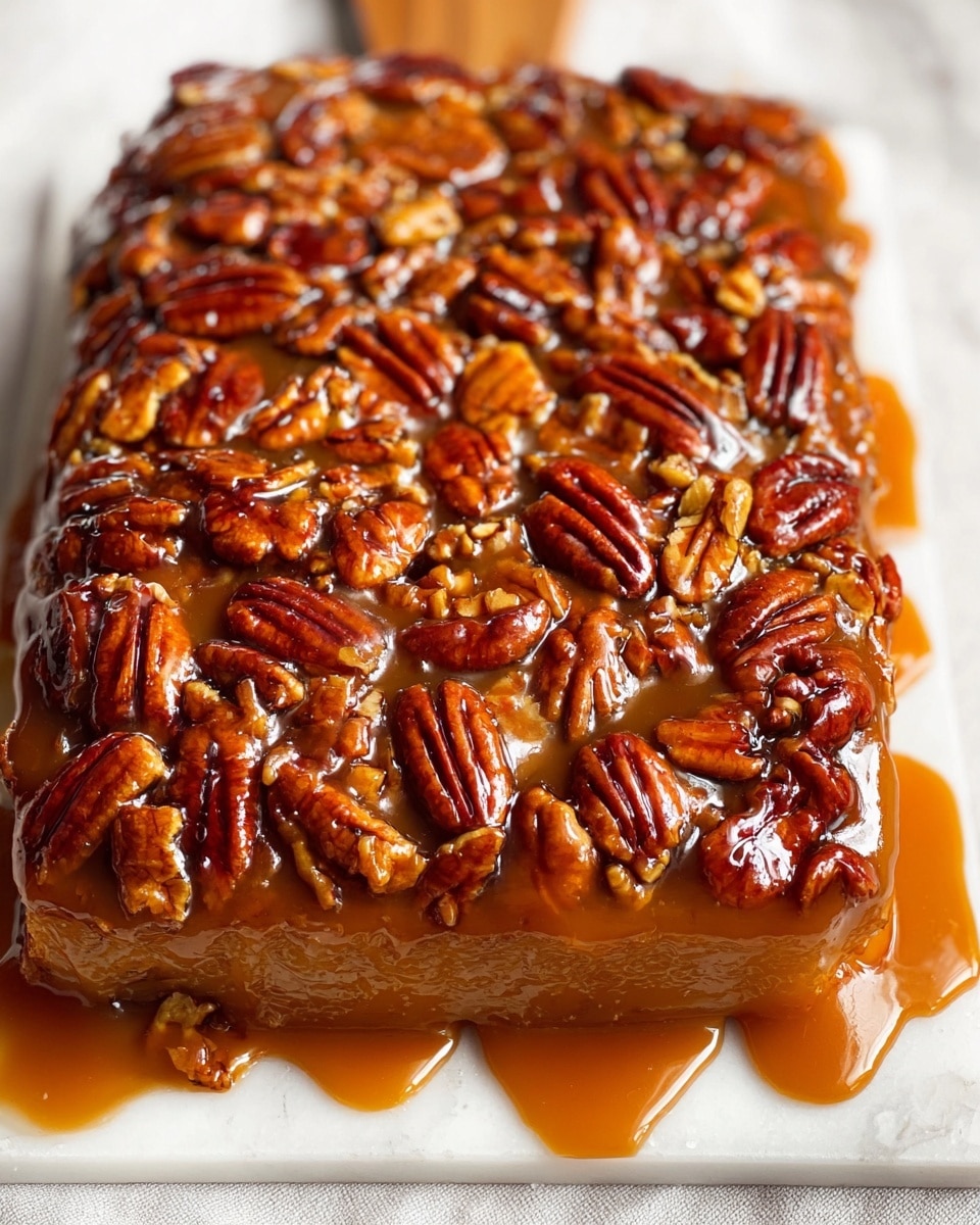 A close-up view of a square-shaped cake covered with a thick, shiny layer of golden caramel sauce, topped generously with whole glossy pecans that add a rich texture and deep brown color to the surface. The cake sits on a wooden board placed on a white rectangular plate, contrasted by the white marbled texture beneath it. The caramel sauce drips over the edges of the cake, creating an inviting and sticky appearance with some caramel pooling slightly on the plate edges. The overall look is warm and indulgent, highlighting the contrast between the smooth caramel, crunchy nuts, and soft cake base. photo taken with an iphone --ar 4:5 --v 7