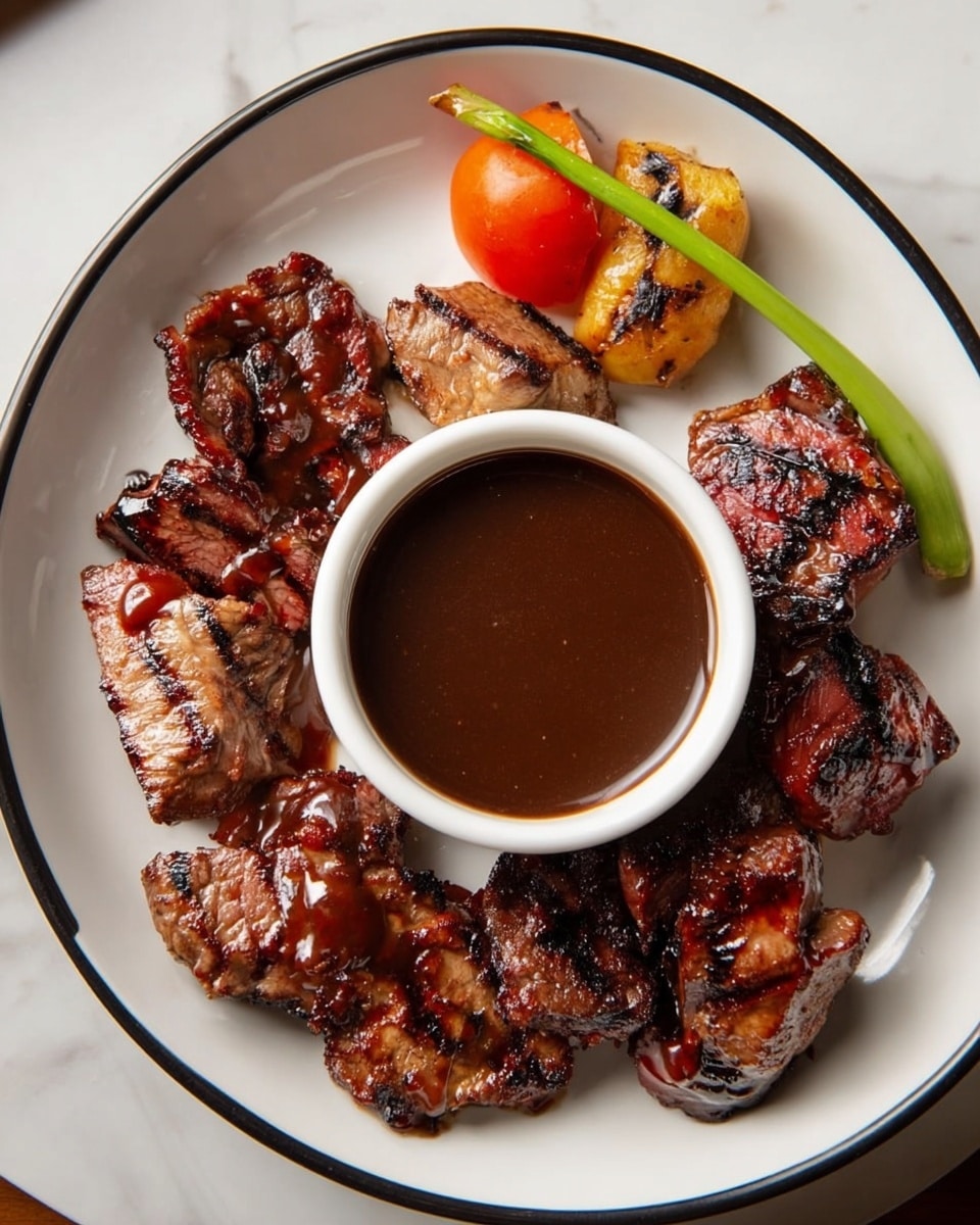A white plate with a black rim holds a serving of grilled meat pieces, showing char marks and shiny glaze with a reddish-brown color. The meat is arranged around a small white bowl filled with thick, dark brown sauce in the center. Near the top edge of the plate, there are small grilled vegetable pieces, including a green stalk and a sliced tomato with red and orange hues. The plate sits on a white marbled surface. photo taken with an iphone --ar 4:5 --v 7