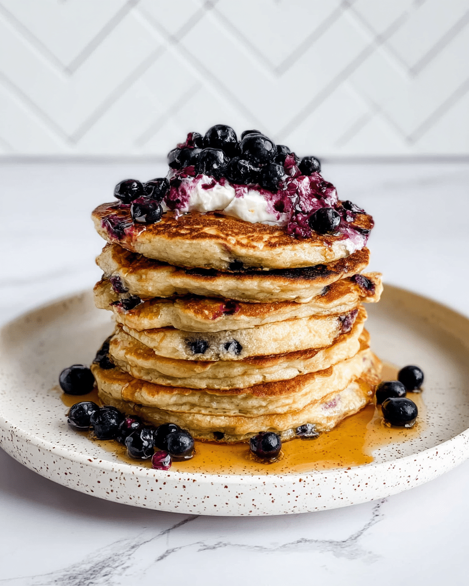A stack of six thick, golden-brown pancakes sits on a white plate with small dark specks, placed on a white marbled surface. The pancakes are fluffy with visible pieces of berries inside, showing a soft texture with slight browning on the edges. On the top pancake, there is a dollop of white cream mixed with purple syrup and a generous pile of shiny, dark blueberries. More blueberries are scattered around the plate along with some amber syrup pooling near the base of the stack, creating a colorful and inviting contrast. The background is white with a subtle herringbone pattern. Photo taken with an iphone --ar 4:5 --v 7
