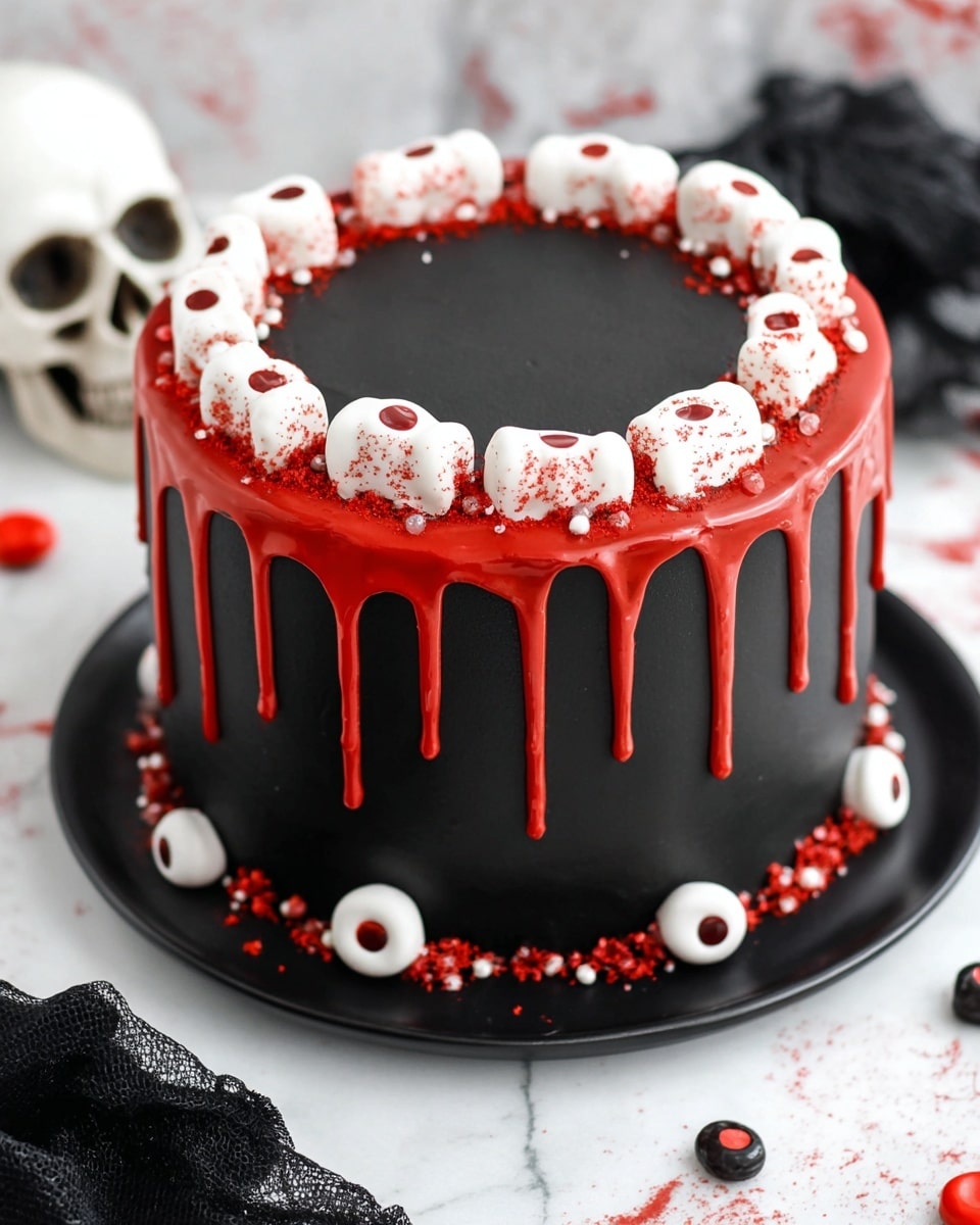 A round black cake covered with smooth black frosting has a thick red drip icing flowing down the sides evenly. The top edge is decorated with a ring of white candy bones with red spots and white candy eyeballs with black centers and red speckles. Some candy bones and eyeballs are also placed around the base of the cake. The cake sits on a black plate over a white marbled surface, with a skull decoration and scattered candies in the background. photo taken with an iphone --ar 4:5 --v 7