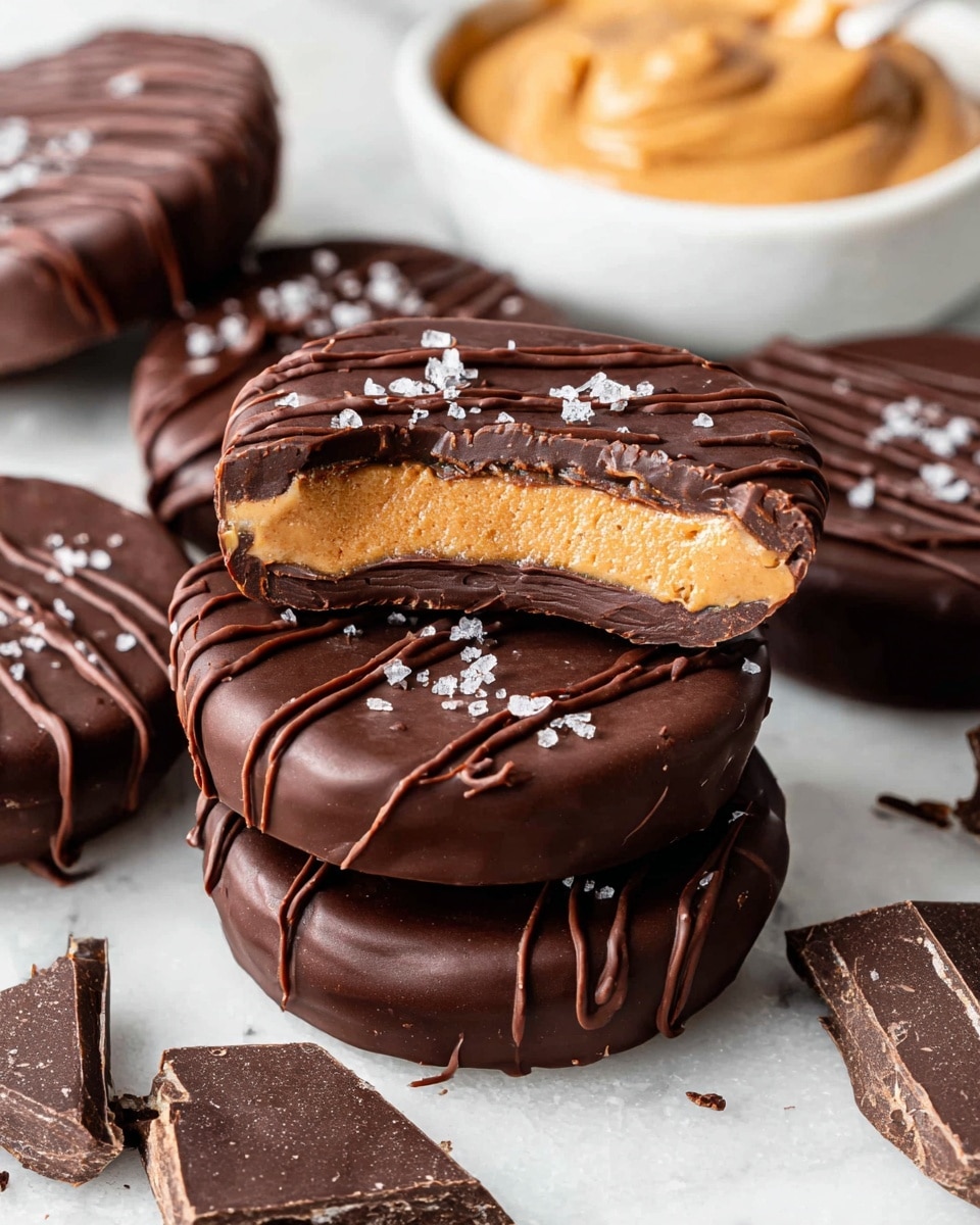 The image shows several round chocolate peanut butter cups placed on a white marbled surface. The cups have a smooth dark chocolate outer layer with thin chocolate lines drizzled on top, sprinkled with a little sea salt. In the center, one cup is cut in half and stacked on another, revealing two layers: a thick, dense, light brown peanut butter filling in the middle and a thin dark chocolate base underneath. Around the cups, there are broken pieces of dark chocolate, and a white marbled bowl filled with creamy peanut butter is blurred in the background. Photo taken with an iphone --ar 4:5 --v 7